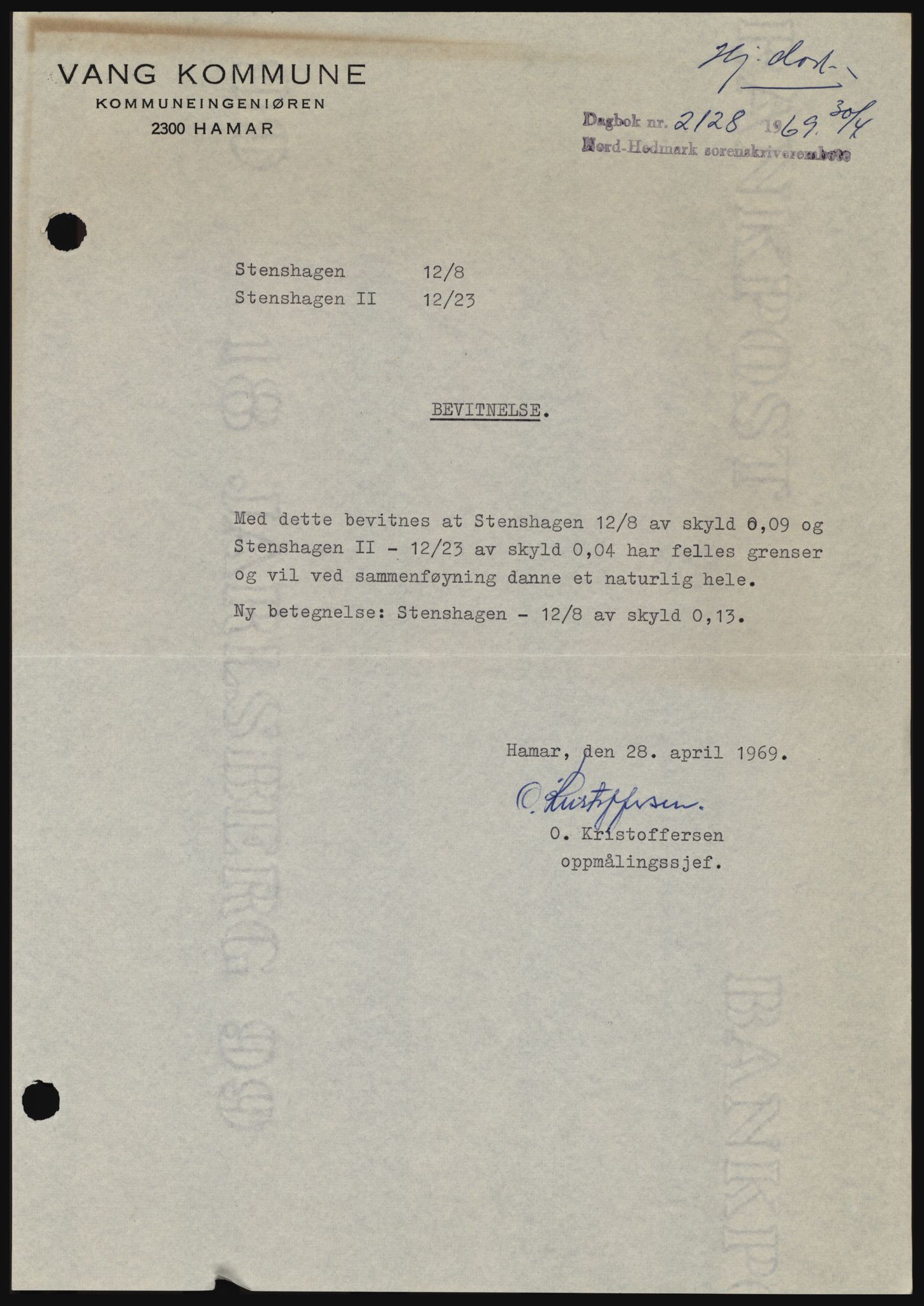 Nord-Hedmark sorenskriveri, SAH/TING-012/H/Hc/L0030: Pantebok nr. 30, 1969-1969, Dagboknr: 2128/1969