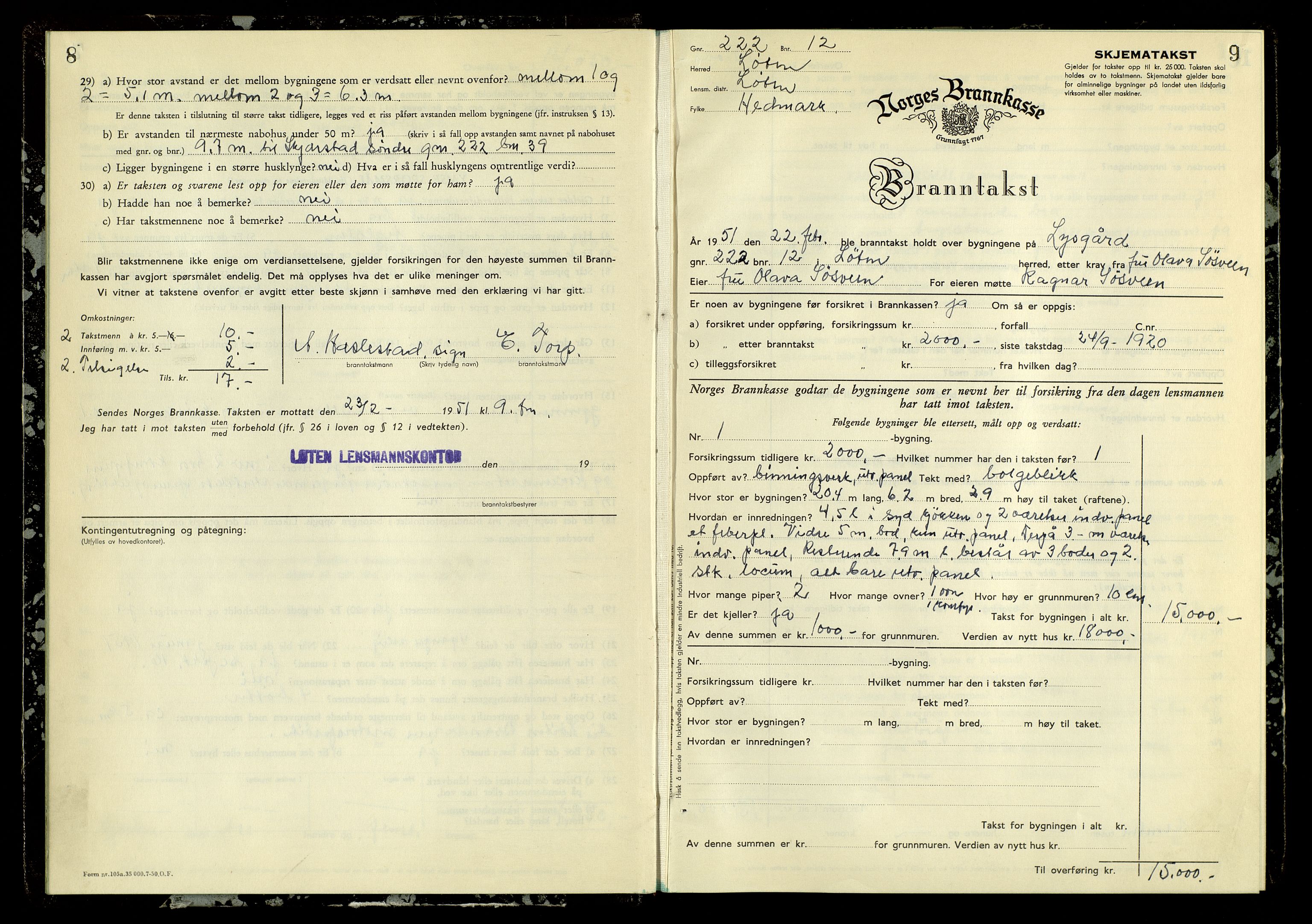 Norges Brannkasse, Løten, AV/SAH-NBRANL-007/F/L0006: Branntakstprotokoll, 1951-1954, s. 8-9