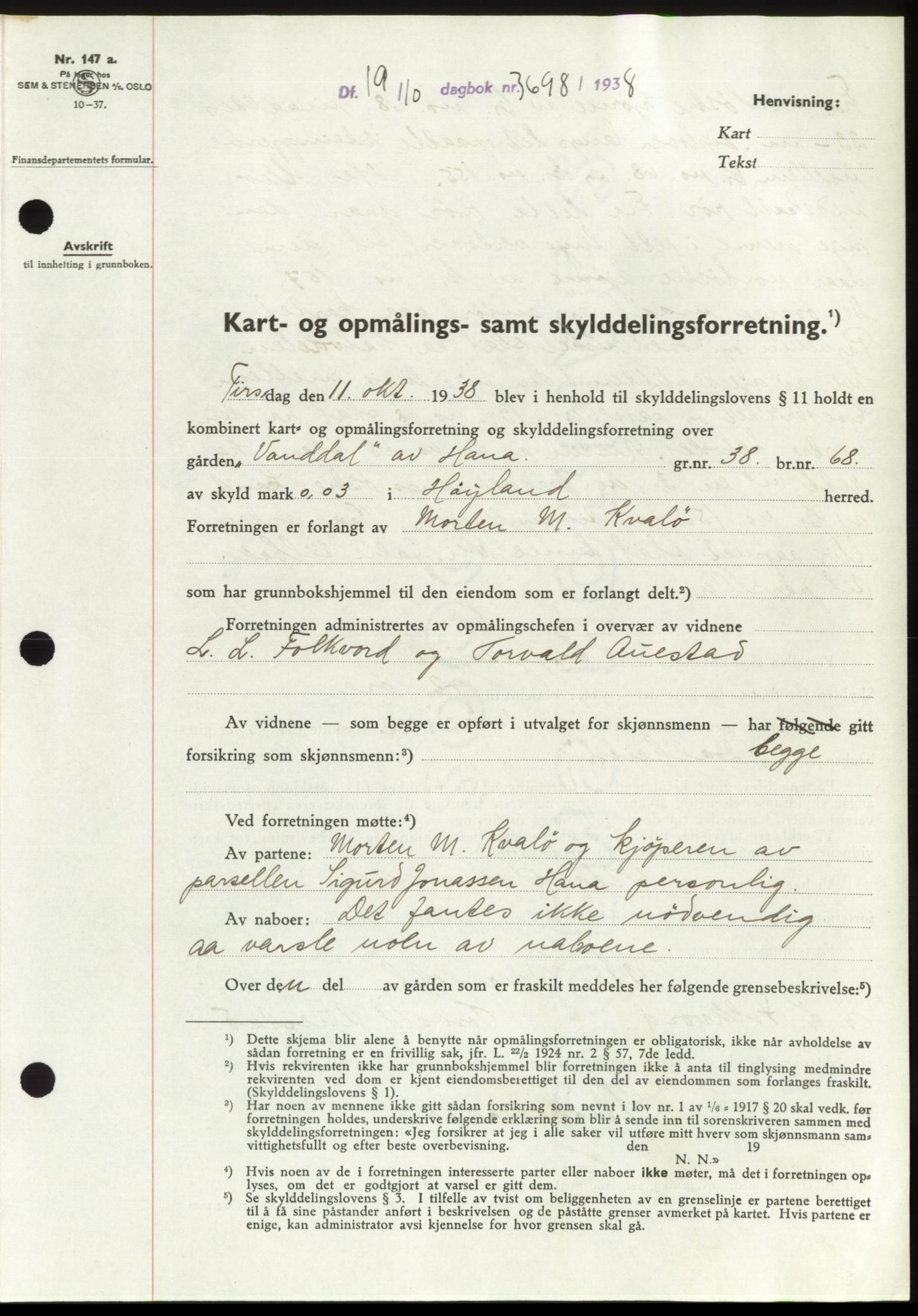 Jæren sorenskriveri, SAST/A-100310/03/G/Gba/L0072: Pantebok, 1938-1938, Dagboknr: 3698/1938