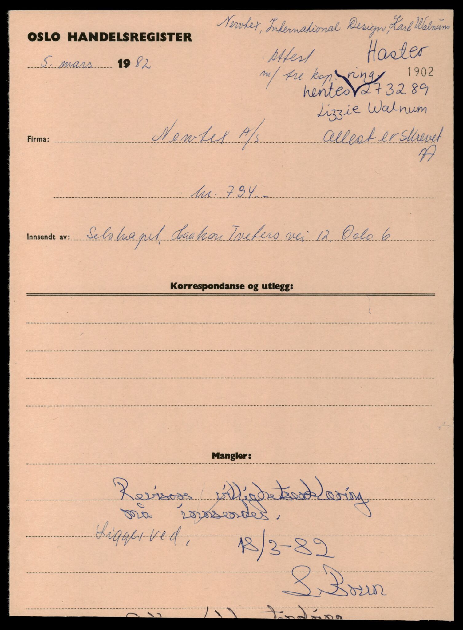 Oslo byfogd, Handelsregisteret, SAT/A-10867/G/Gc/Gca/L0543: Ikke konverterte foretak, New-Nic, 1890-1990, s. 1