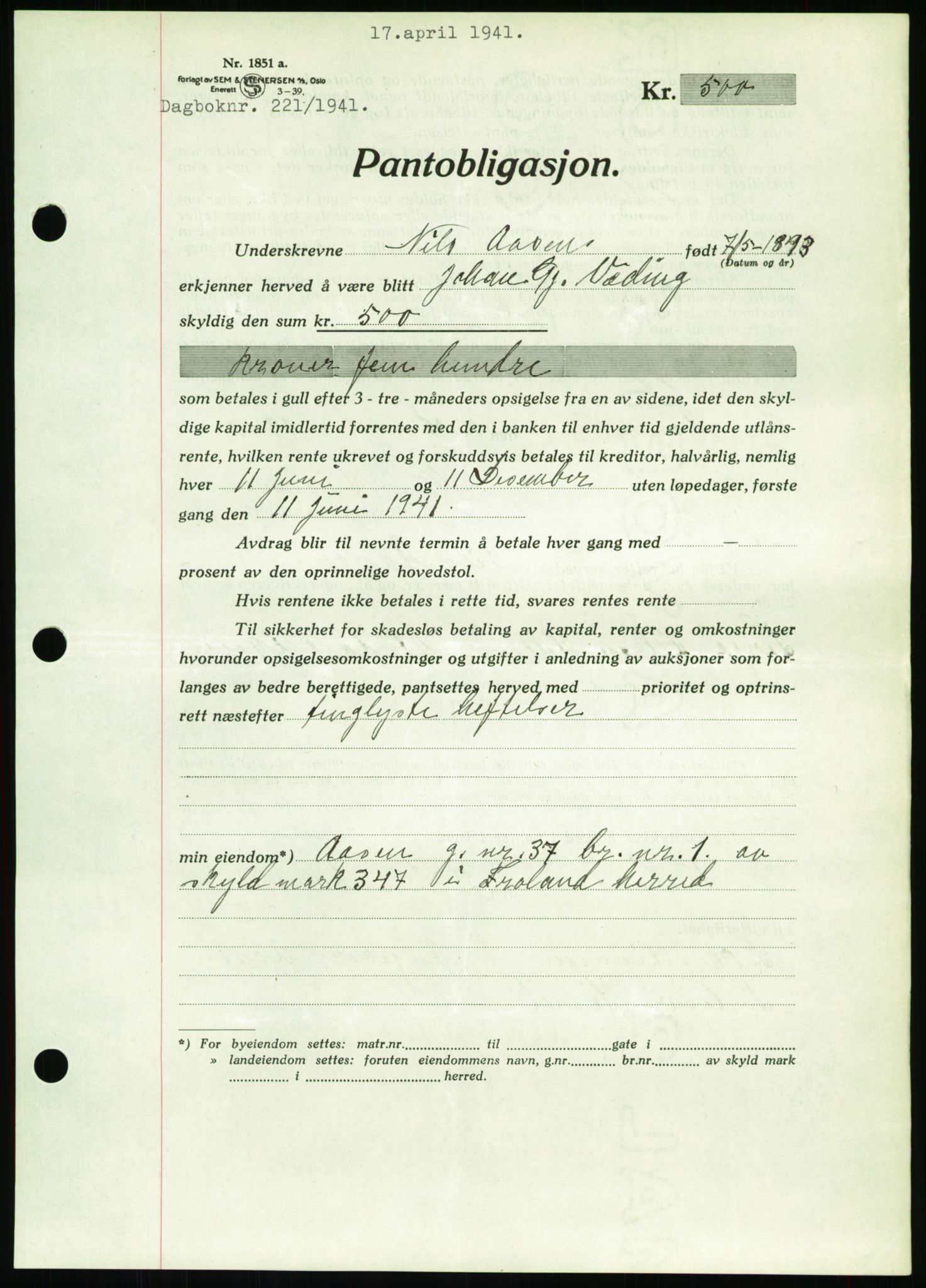 Nedenes sorenskriveri, SAK/1221-0006/G/Gb/Gbb/L0001: Pantebok nr. I, 1939-1942, Dagboknr: 221/1941