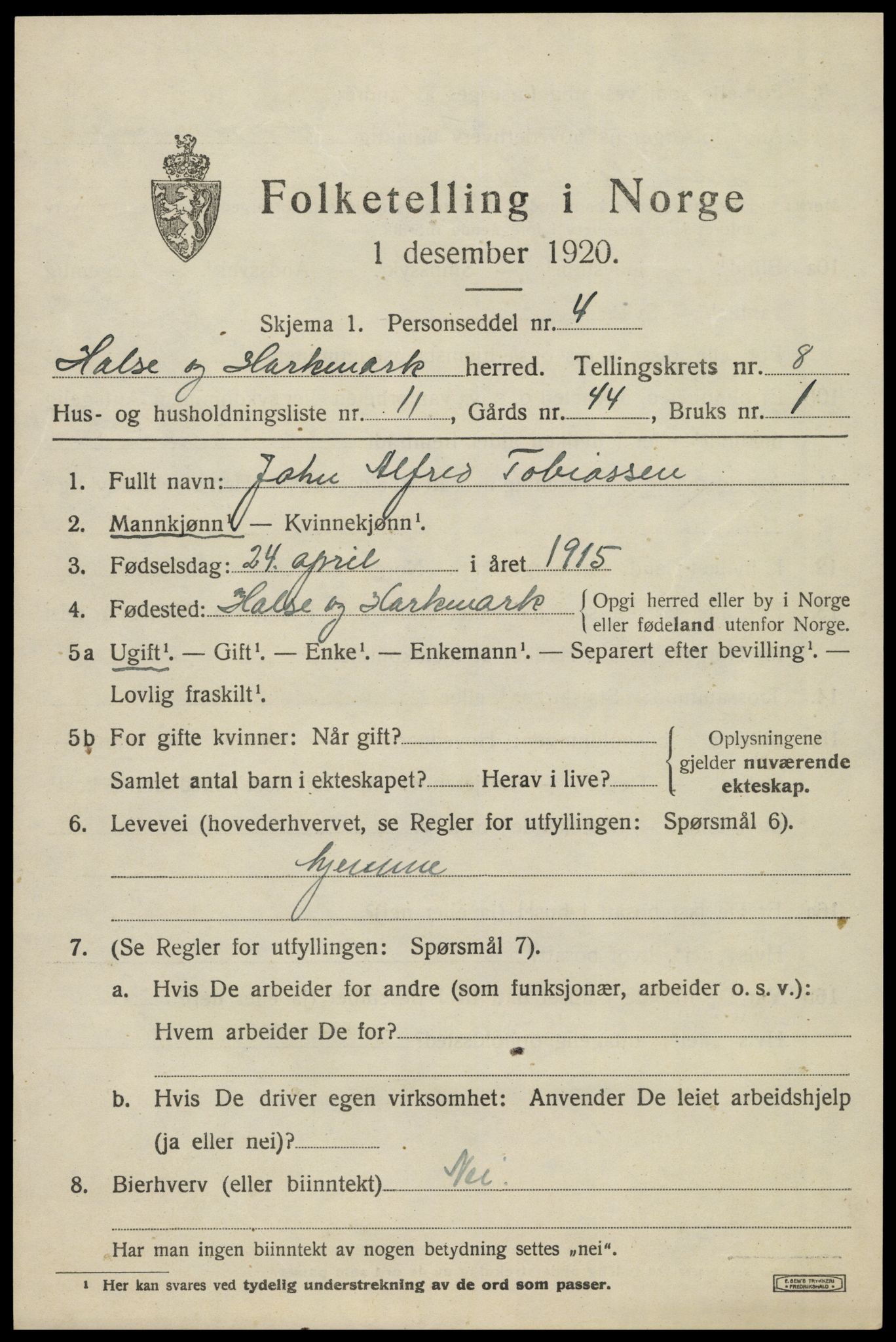 SAK, Folketelling 1920 for 1019 Halse og Harkmark herred, 1920, s. 4425