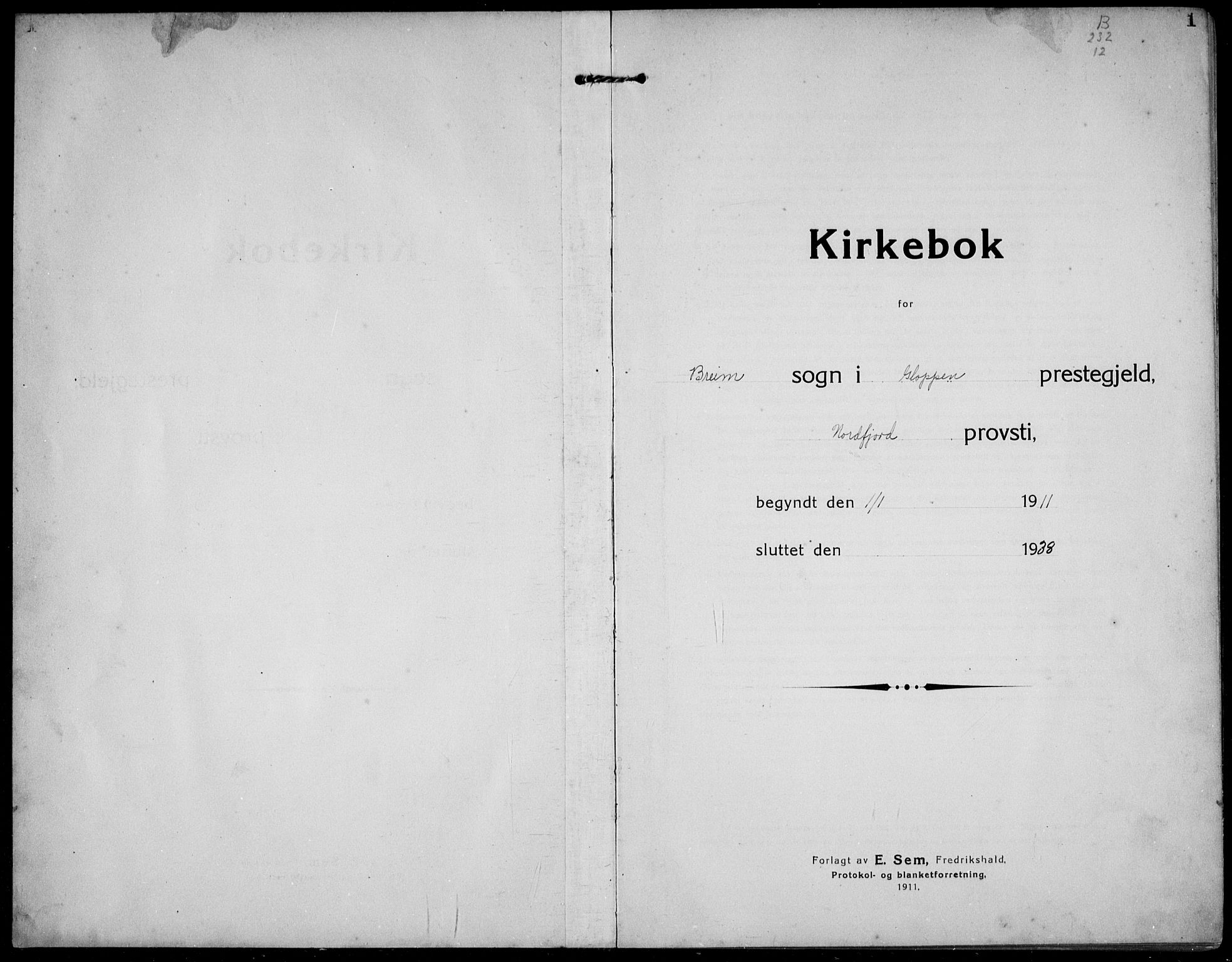 Gloppen sokneprestembete, SAB/A-80101/H/Hab/Habc/L0003: Klokkerbok nr. C 3, 1911-1938, s. 1
