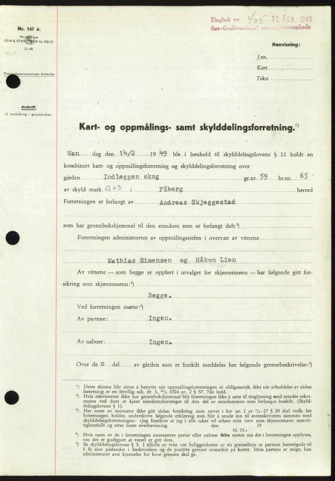 Sør-Gudbrandsdal tingrett, SAH/TING-004/H/Hb/Hbd/L0024: Pantebok nr. A24, 1948-1949, Dagboknr: 405/1949