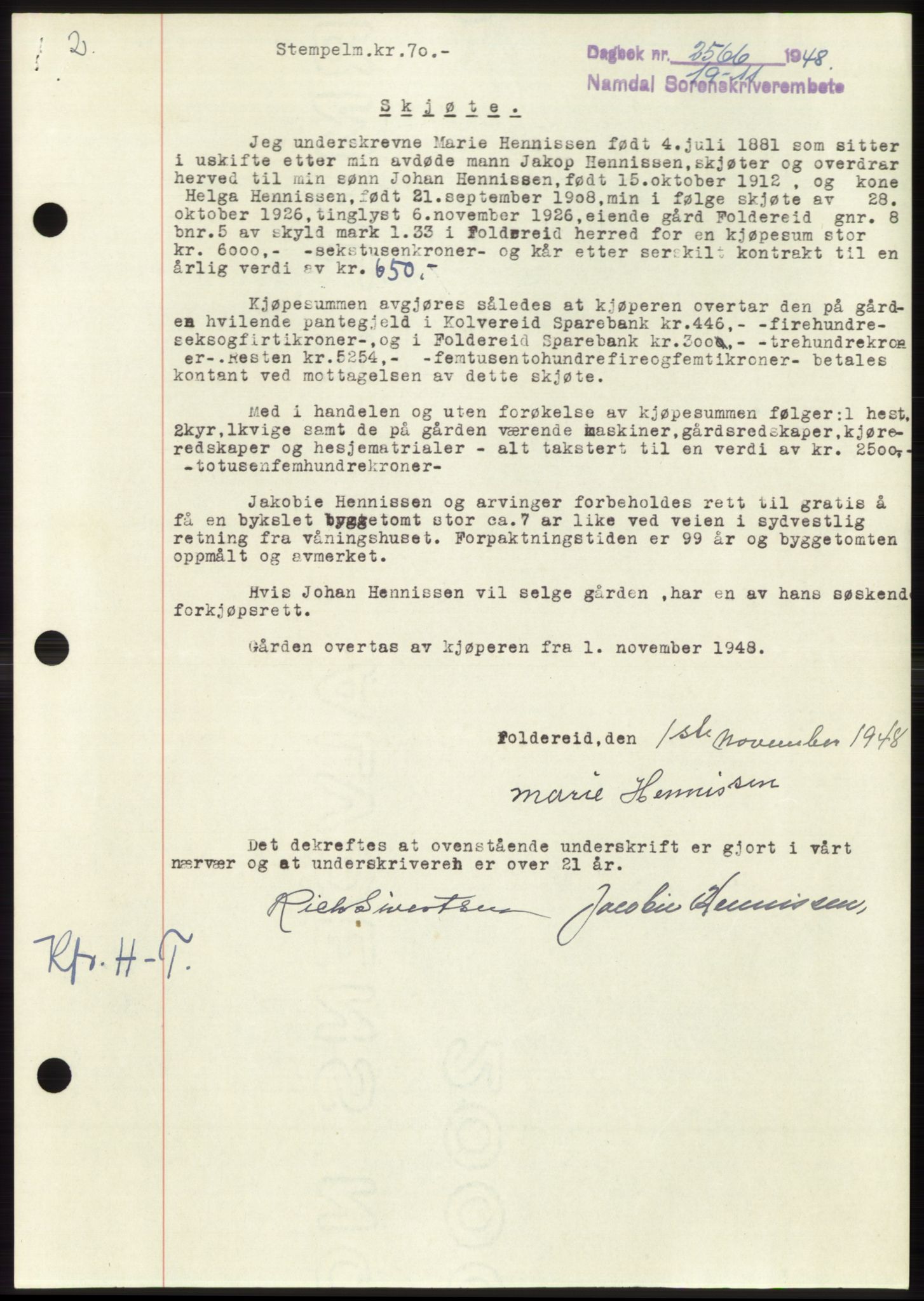 Namdal sorenskriveri, SAT/A-4133/1/2/2C: Pantebok nr. -, 1948-1948, Dagboknr: 2566/1948