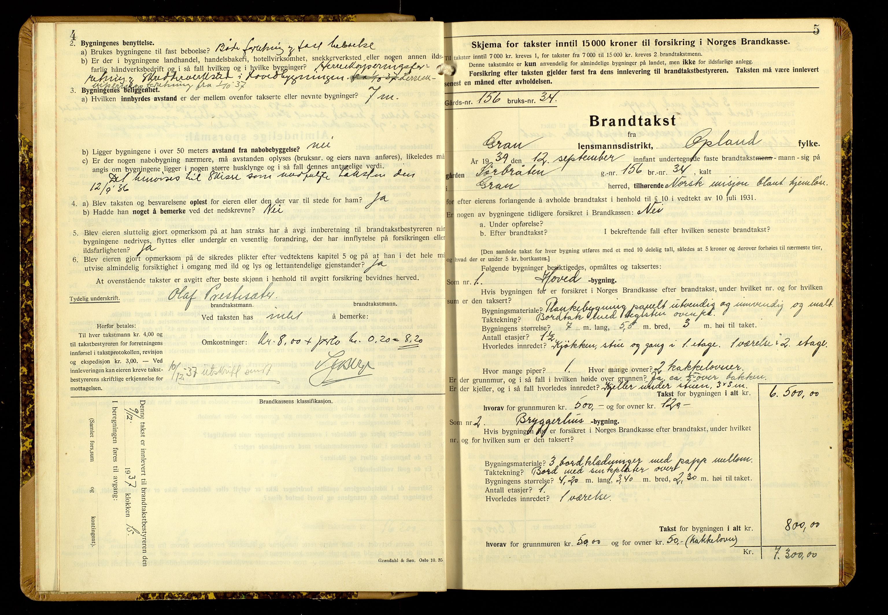 Norges Brannkasse, Gran, AV/SAH-NBRANG-050/F/L0005: Branntakstprotokoll, 1937-1949