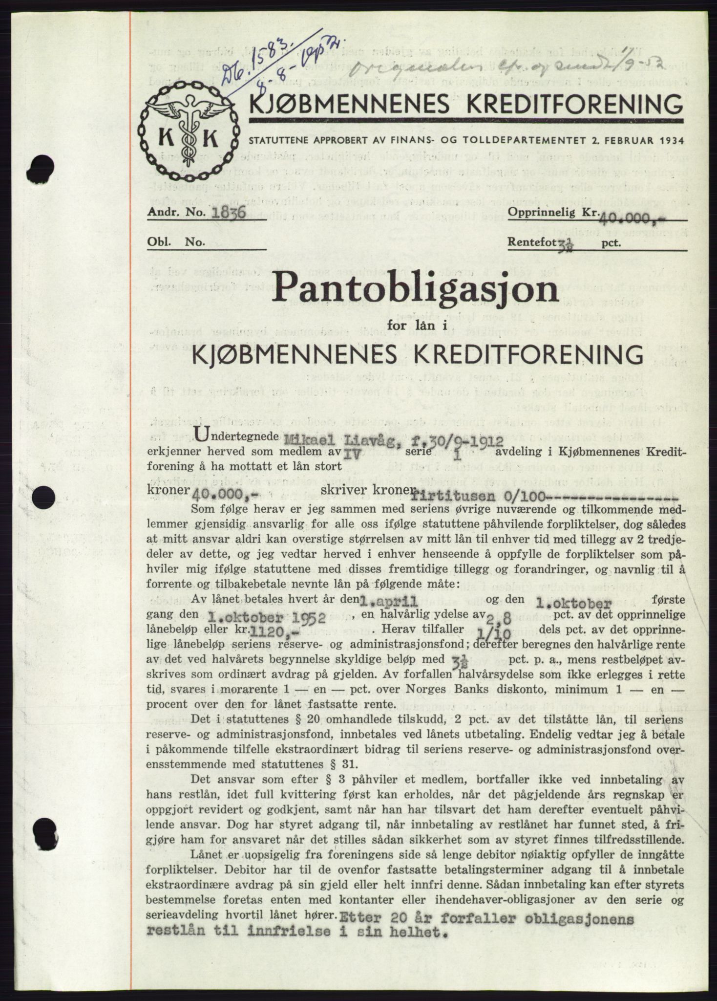 Søre Sunnmøre sorenskriveri, AV/SAT-A-4122/1/2/2C/L0121: Pantebok nr. 9B, 1951-1952, Dagboknr: 1583/1952