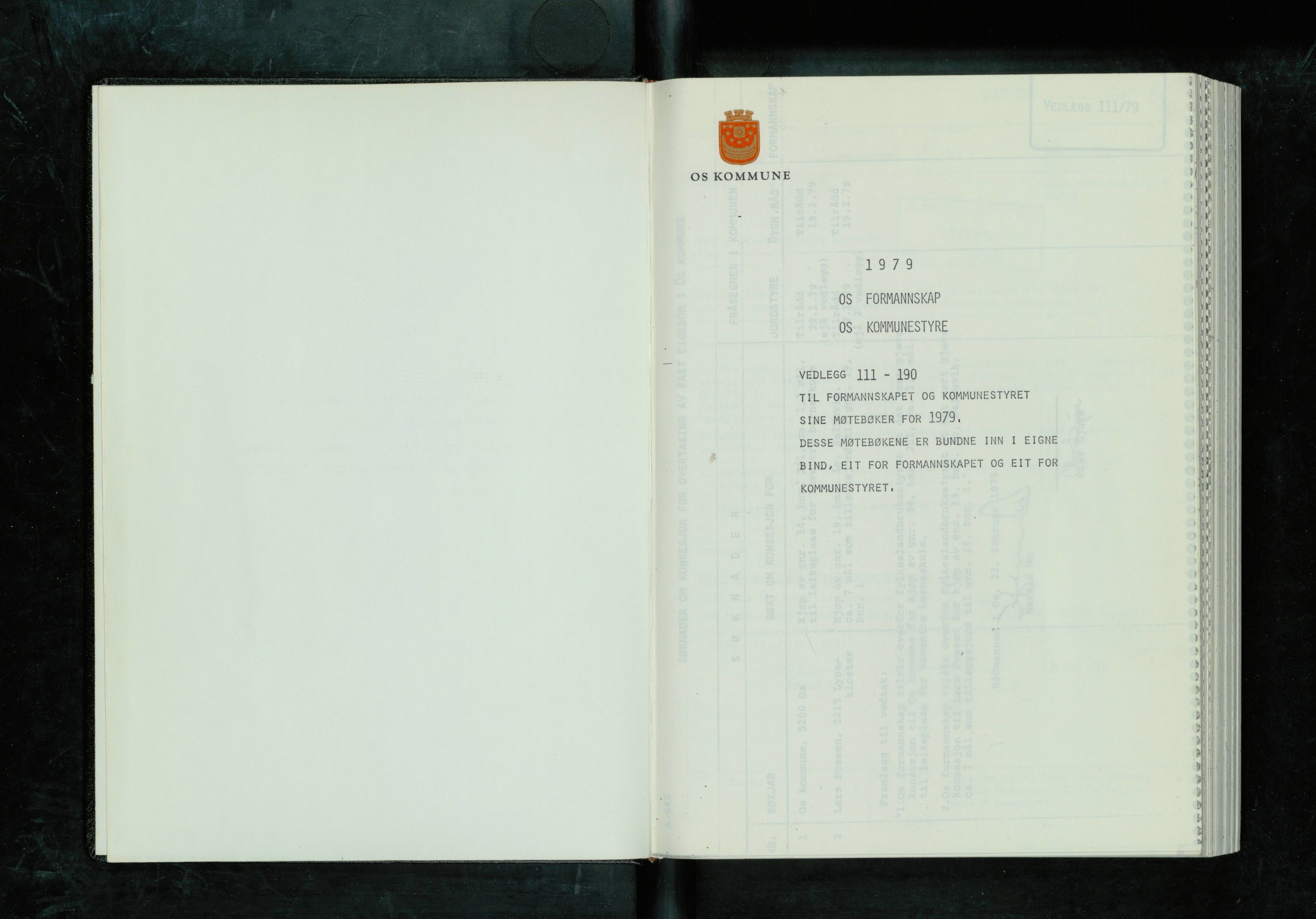 Os kommune. Formannskapet, IKAH/1243-021/A/Ad/L0027: Protokoll over saksvedlegg til møtebøker for formannskapet og kommunestyret. Vedlegg 111-190, 1979