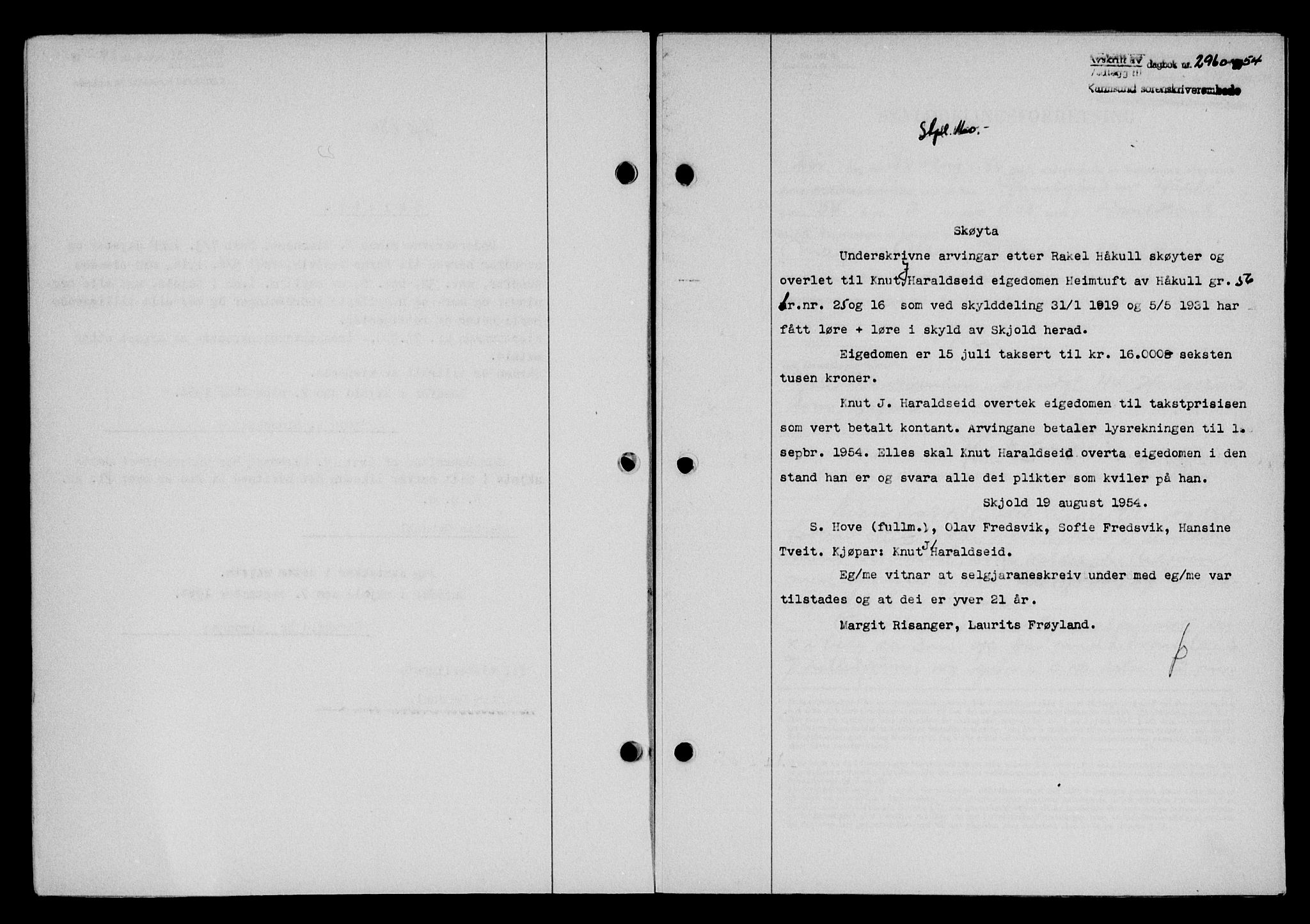Karmsund sorenskriveri, SAST/A-100311/01/II/IIB/L0113: Pantebok nr. 93A, 1954-1954, Dagboknr: 2960/1954