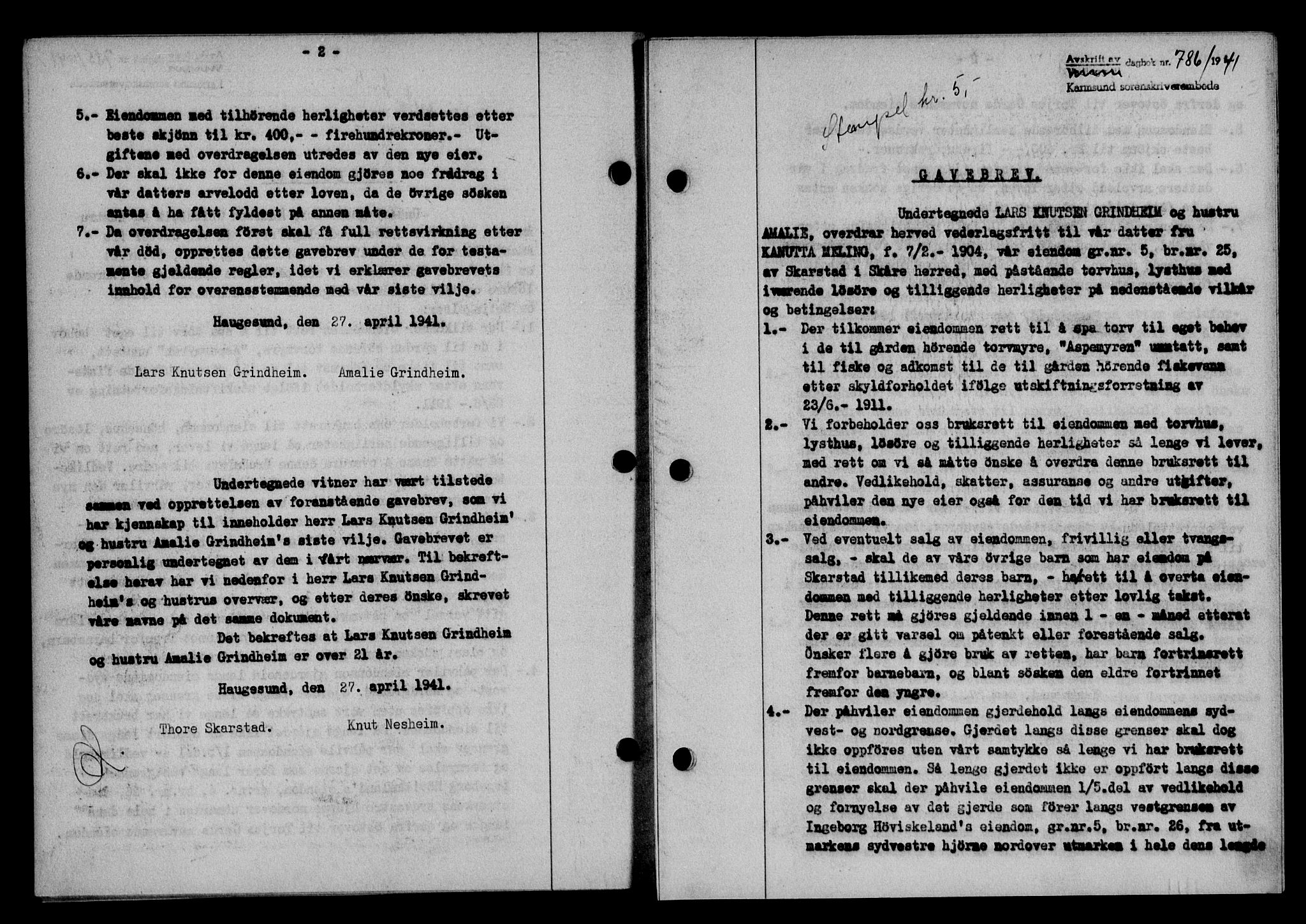 Karmsund sorenskriveri, SAST/A-100311/01/II/IIB/L0075: Pantebok nr. 56A, 1941-1941, Dagboknr: 786/1941