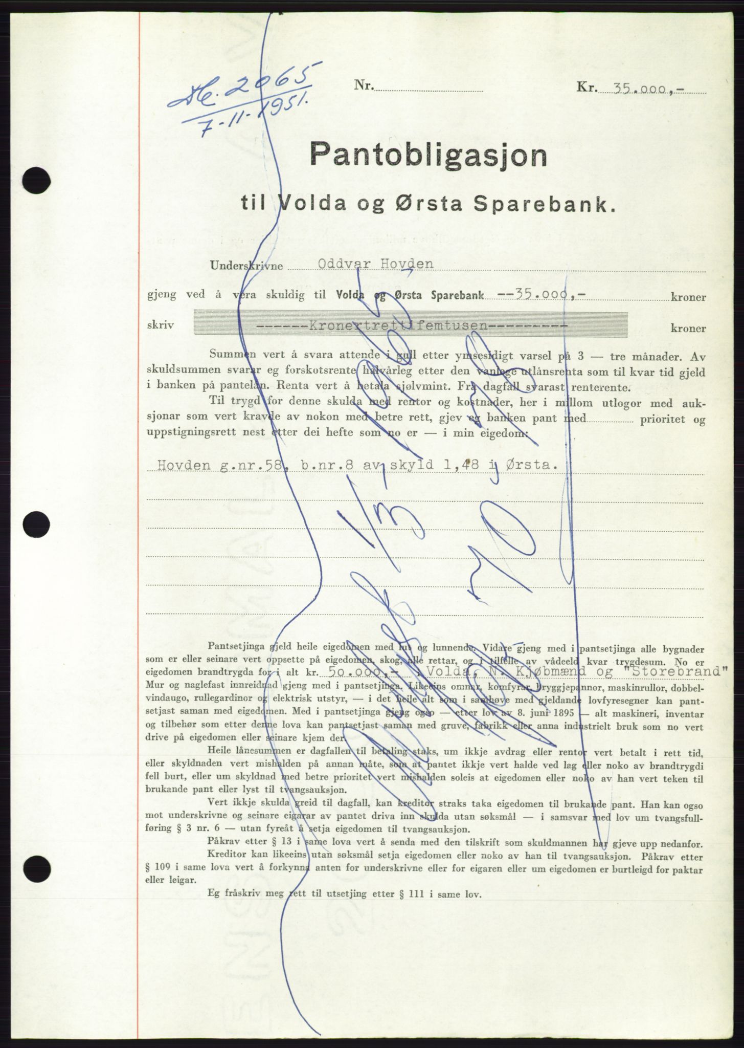 Søre Sunnmøre sorenskriveri, SAT/A-4122/1/2/2C/L0120: Pantebok nr. 8B, 1951-1951, Dagboknr: 2065/1951