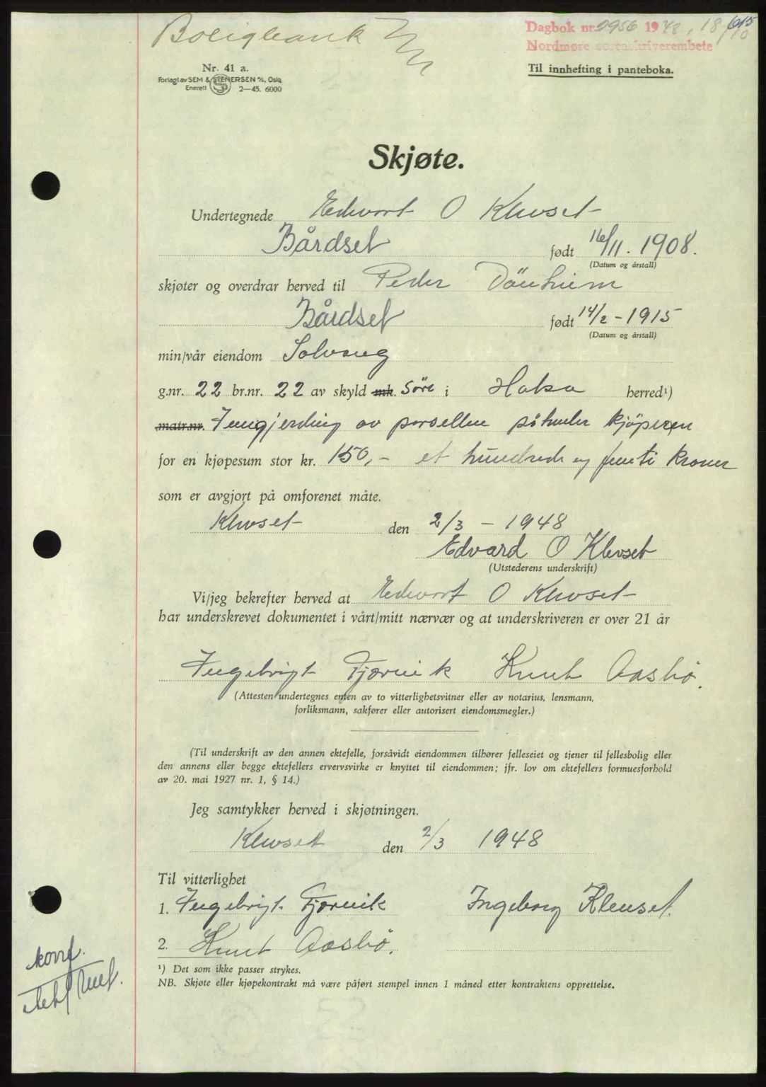 Nordmøre sorenskriveri, AV/SAT-A-4132/1/2/2Ca: Pantebok nr. A109, 1948-1948, Dagboknr: 2956/1948