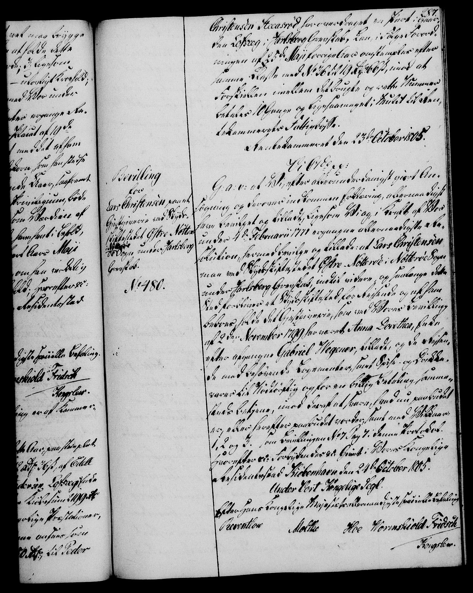 Rentekammeret, Kammerkanselliet, AV/RA-EA-3111/G/Gg/Gga/L0018: Norsk ekspedisjonsprotokoll med register (merket RK 53.18), 1804-1806, s. 287