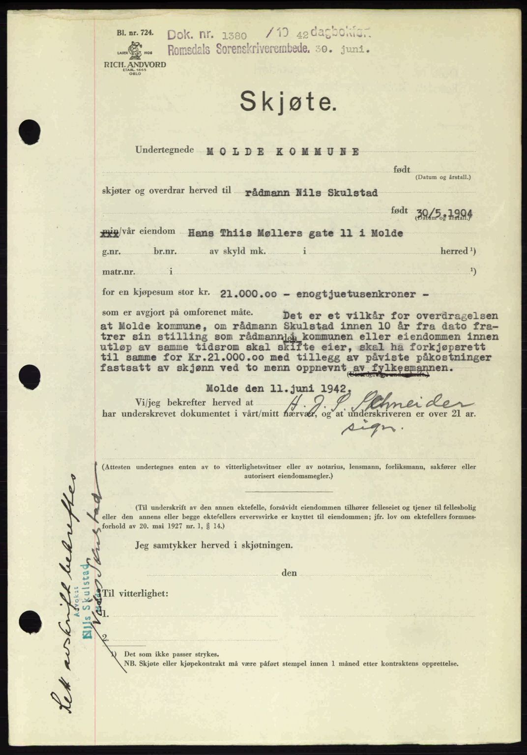 Romsdal sorenskriveri, SAT/A-4149/1/2/2C: Pantebok nr. A12, 1942-1942, Dagboknr: 1380/1942