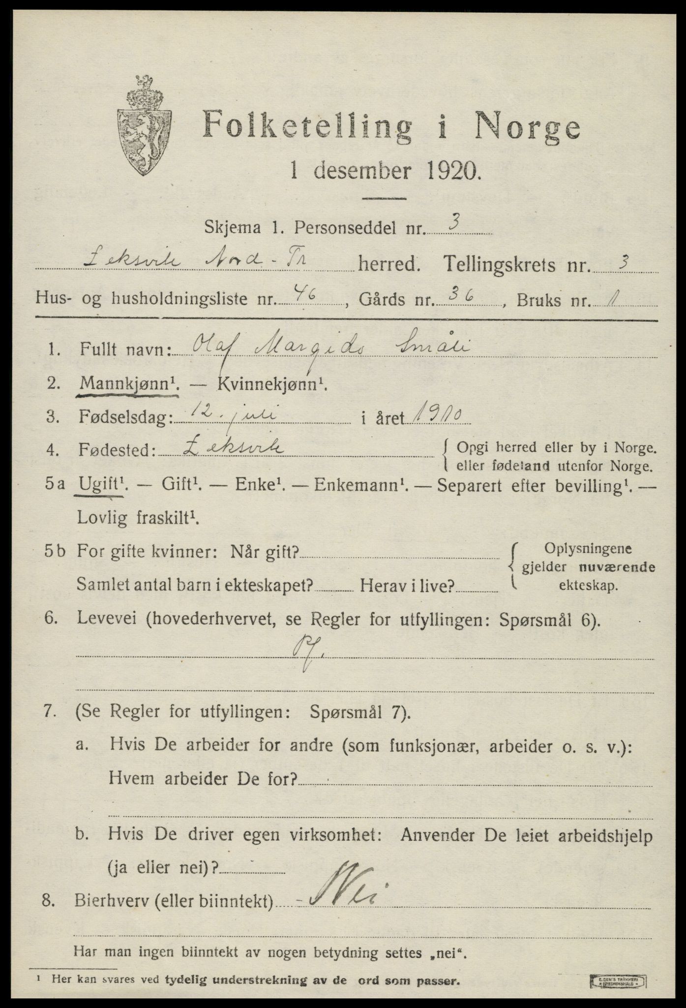 SAT, Folketelling 1920 for 1718 Leksvik herred, 1920, s. 3390
