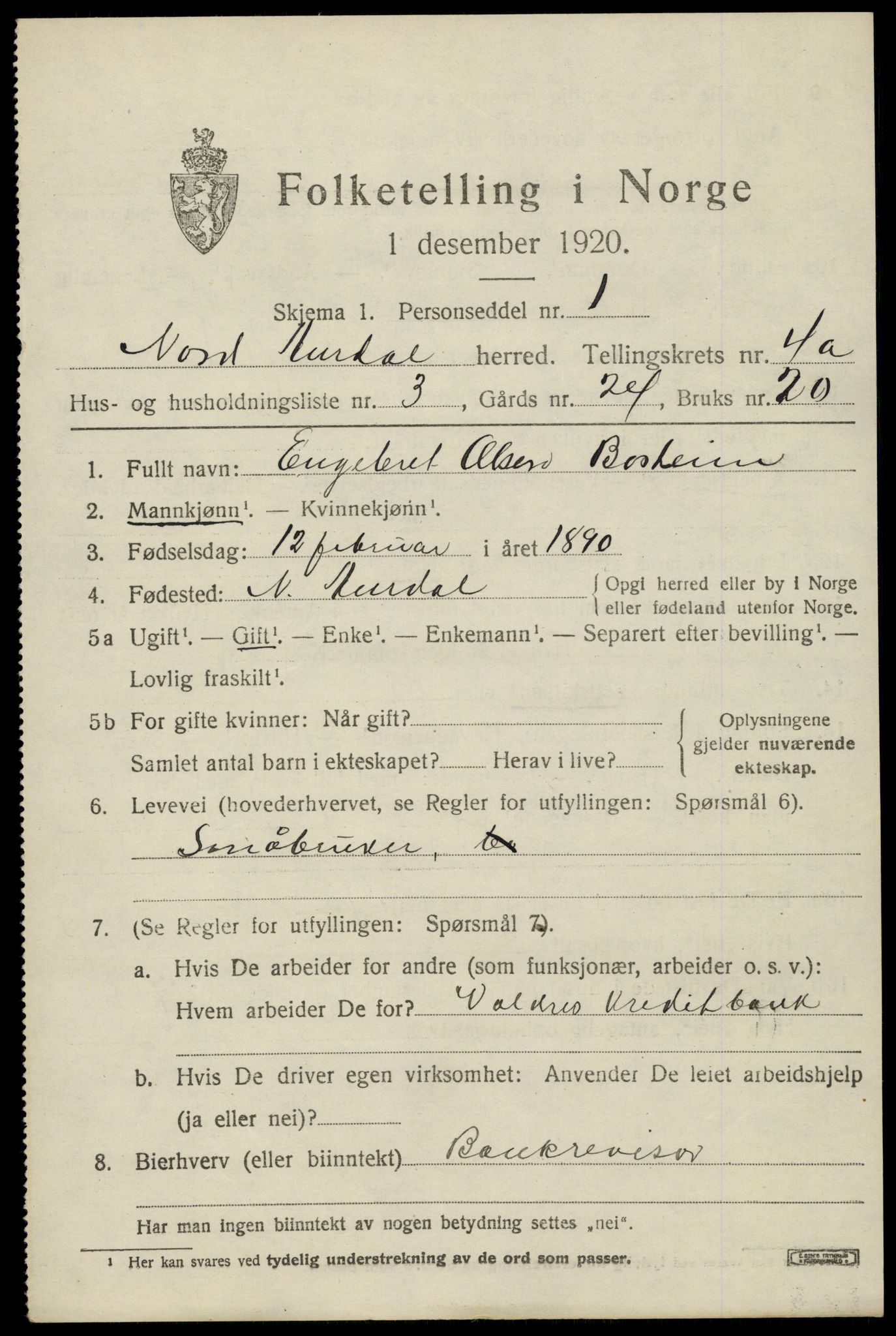 SAH, Folketelling 1920 for 0542 Nord-Aurdal herred, 1920, s. 3640