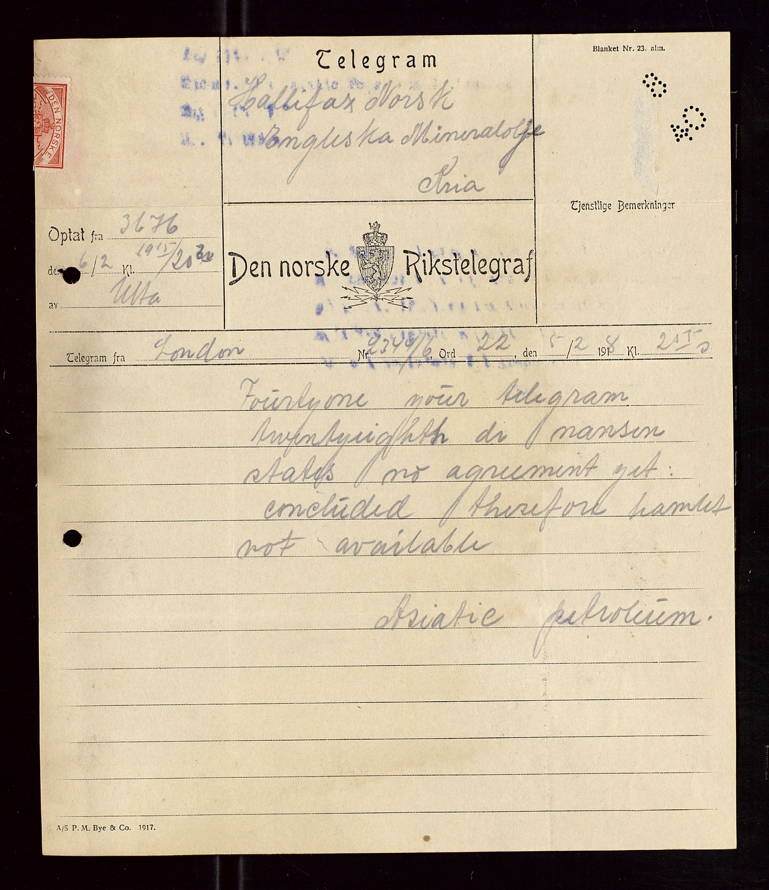 Pa 1521 - A/S Norske Shell, AV/SAST-A-101915/E/Ea/Eaa/L0005: Sjefskorrespondanse, 1918, s. 382