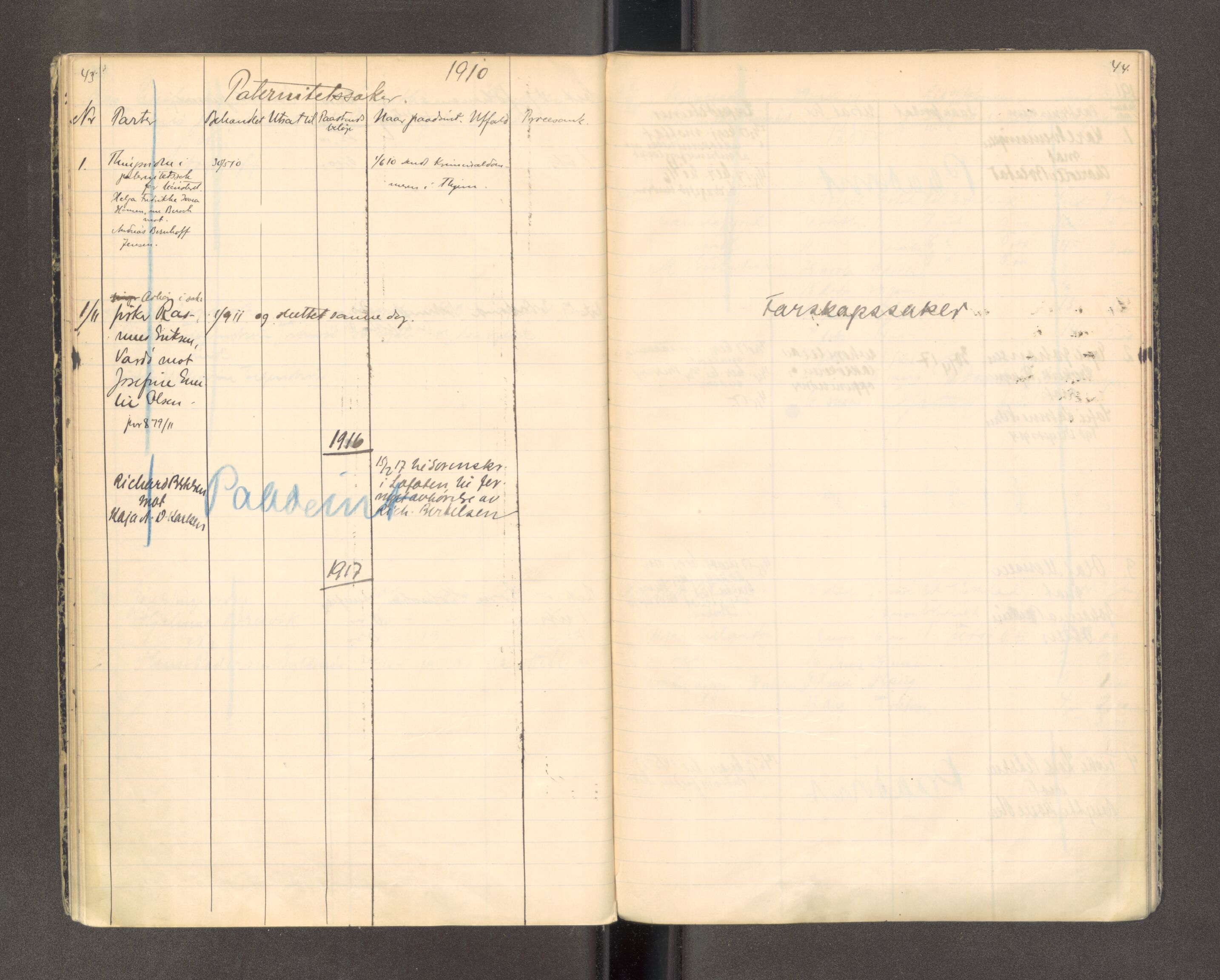 Tromsø byfogd/byrett, AV/SATØ-SATØ-0063/1/F/Fc/L0082: Journal over ekstrarettssaker, 1910-1920, s. 43-44