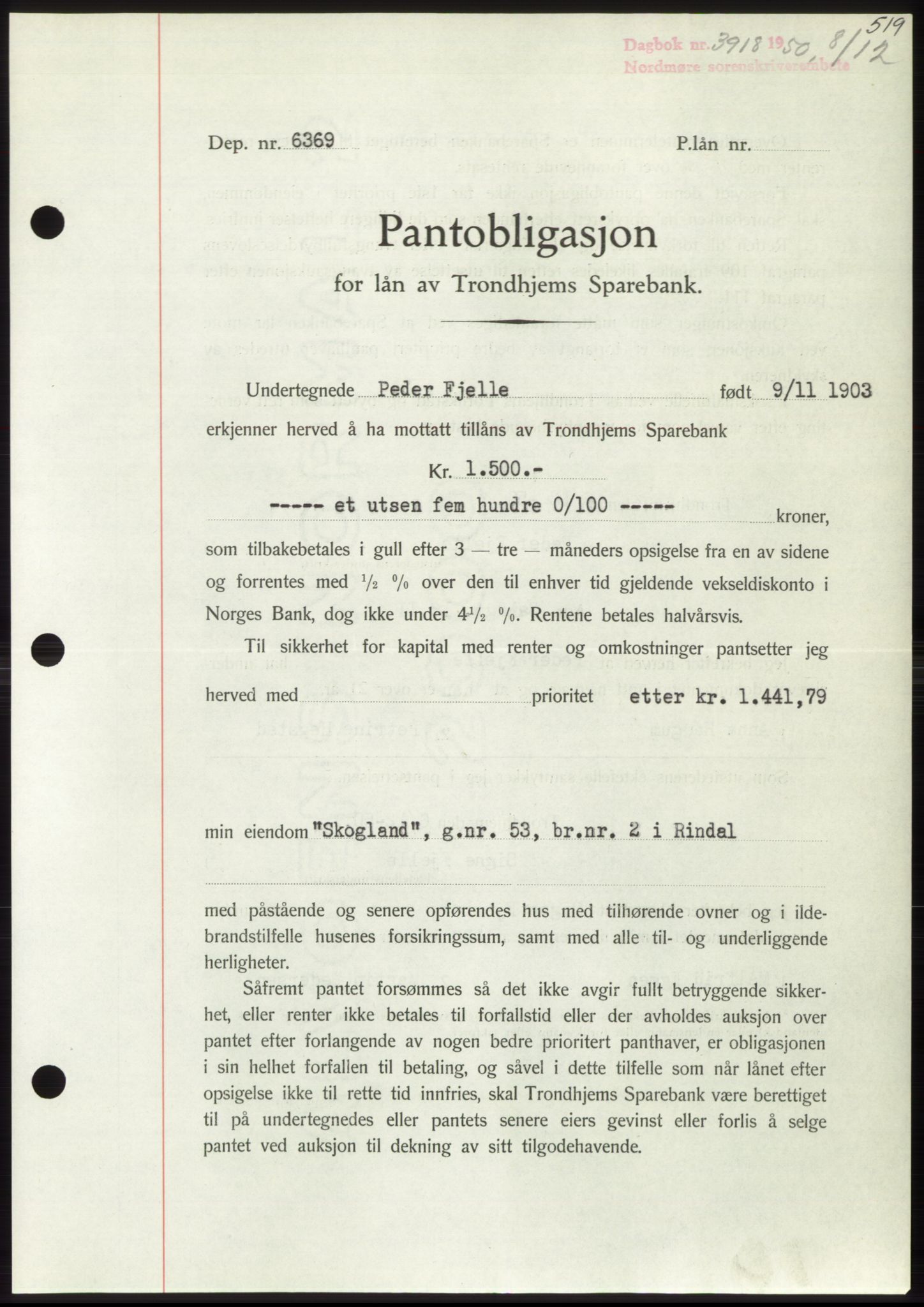 Nordmøre sorenskriveri, SAT/A-4132/1/2/2Ca: Pantebok nr. B106, 1950-1950, Dagboknr: 3918/1950