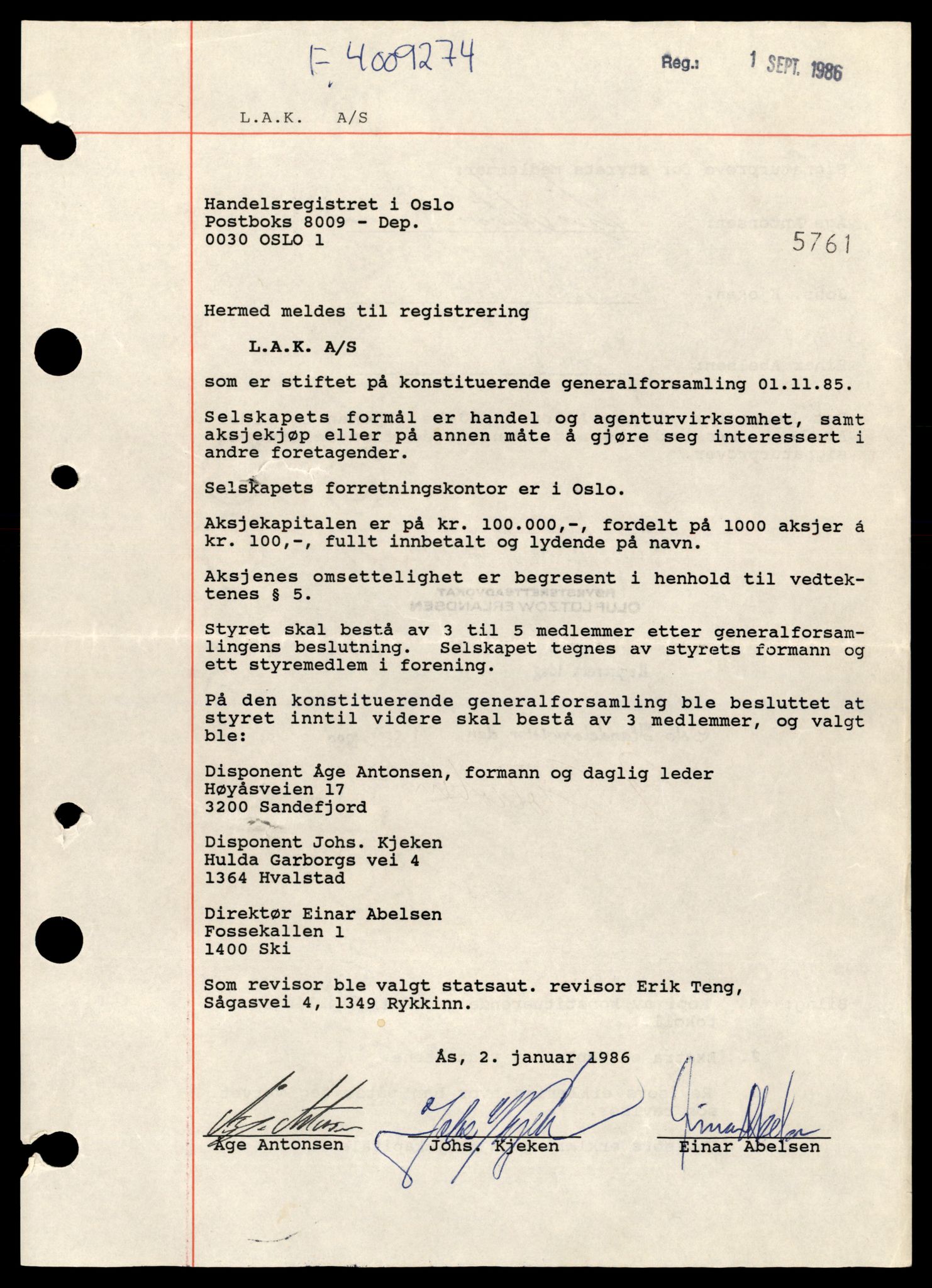 Oslo byfogd, Handelsregisteret, AV/SAT-A-10867/G/Gb/Gbb/L0107: Registreringsmeldinger, L-N, 1988, s. 1