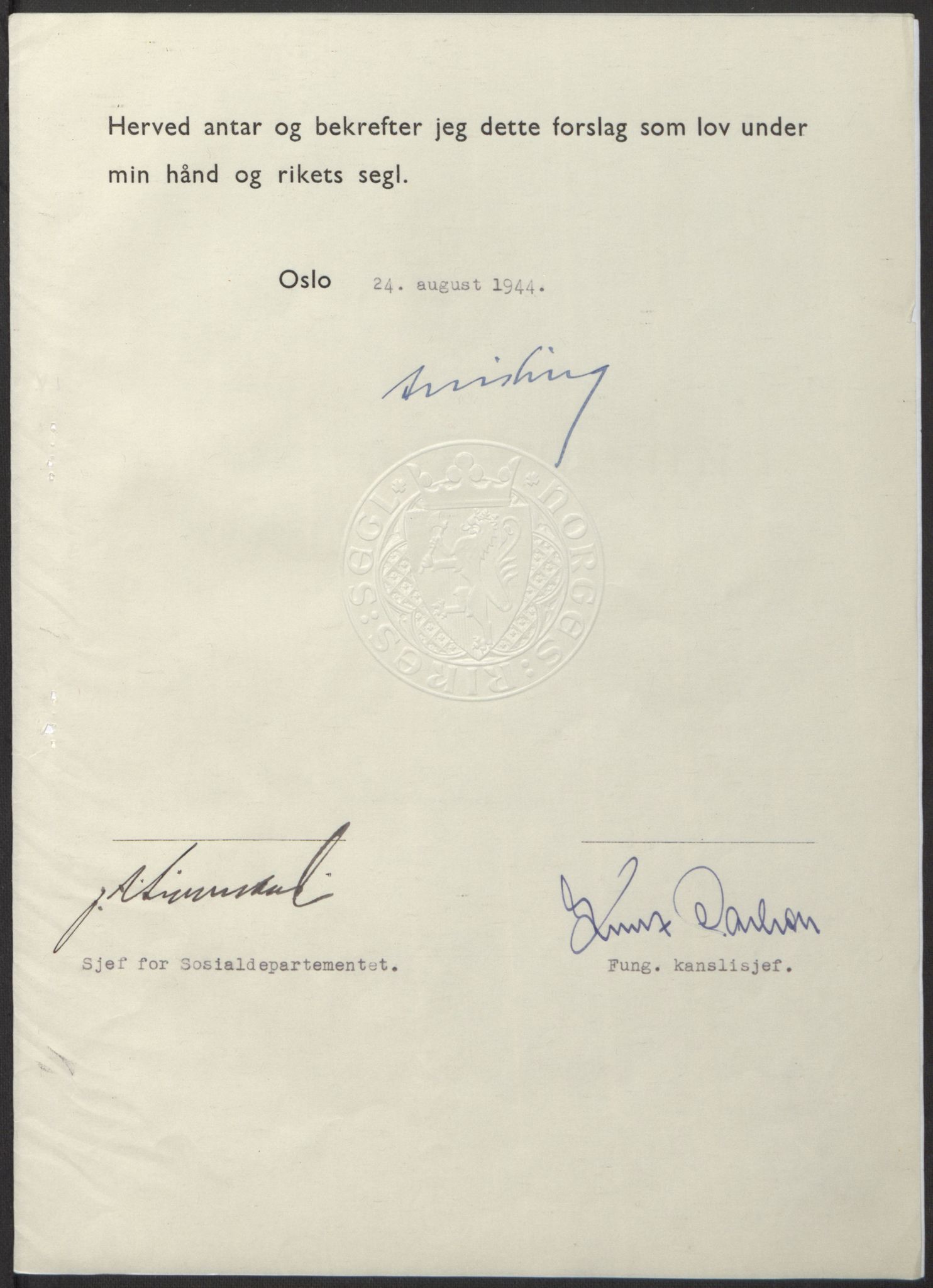 NS-administrasjonen 1940-1945 (Statsrådsekretariatet, de kommisariske statsråder mm), RA/S-4279/D/Db/L0100: Lover, 1944, s. 398