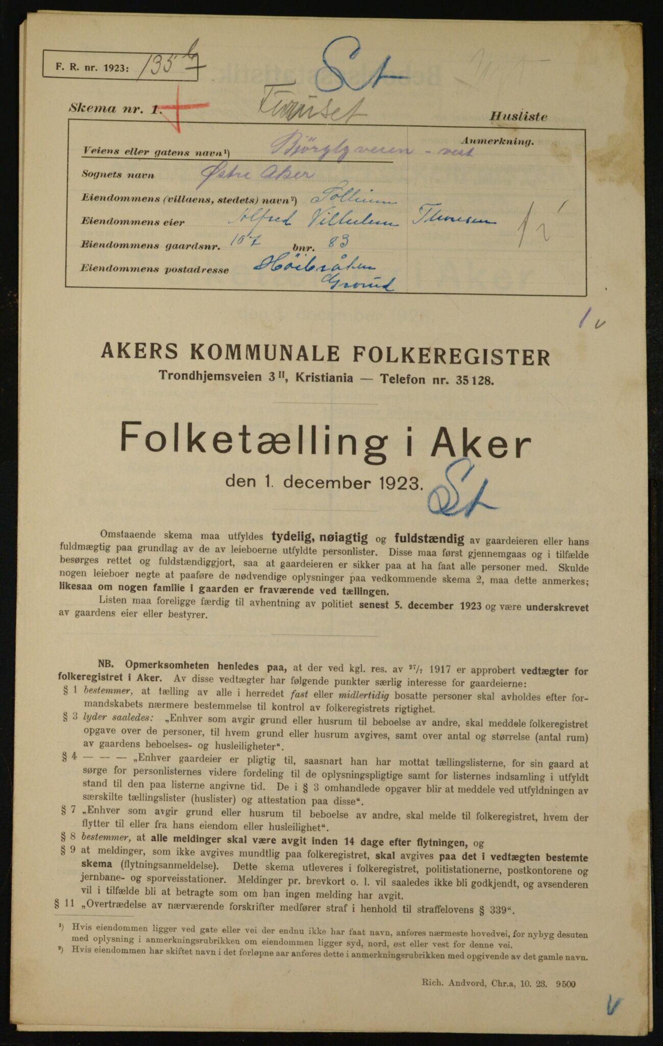 , Kommunal folketelling 1.12.1923 for Aker, 1923, s. 23047