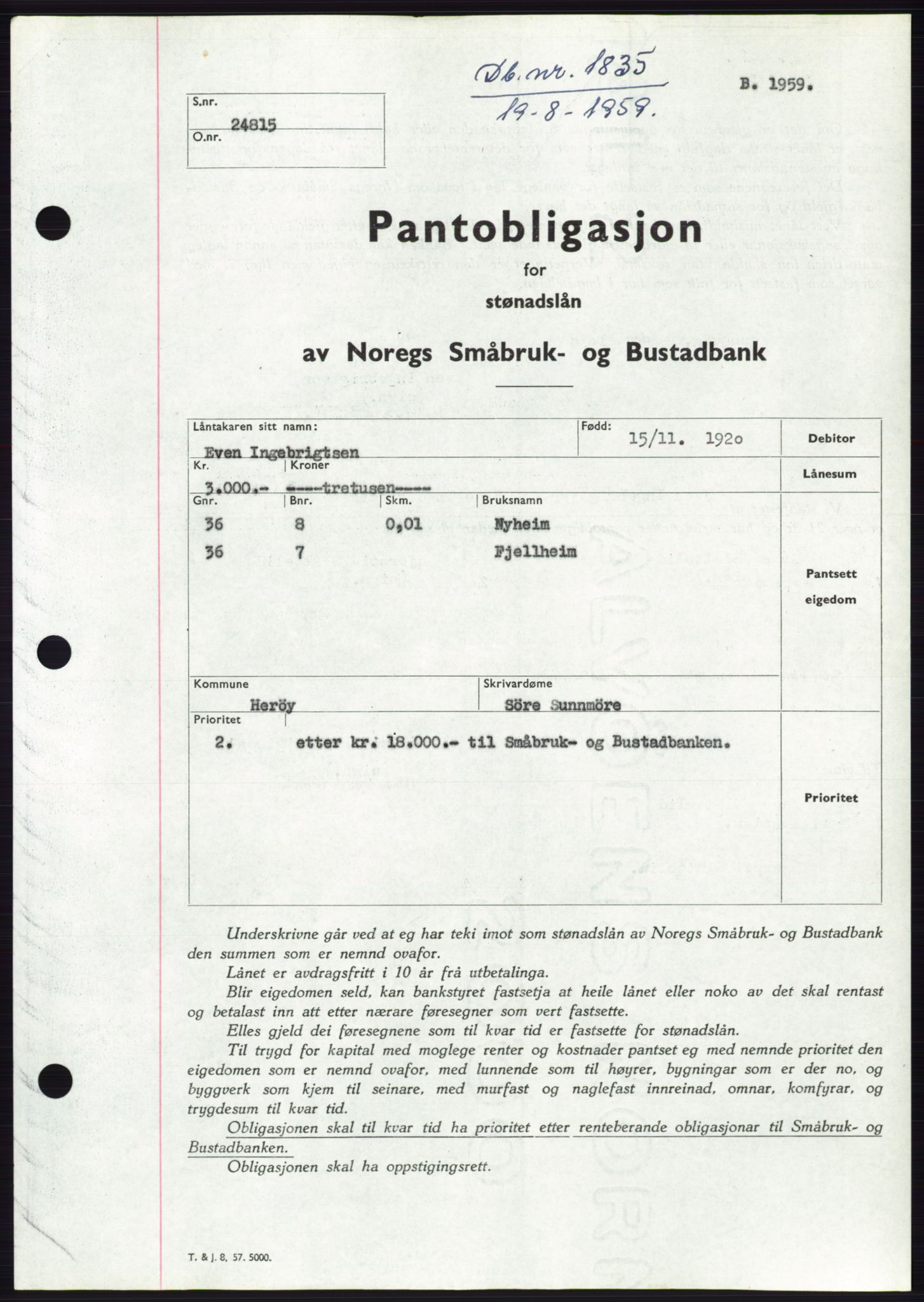 Søre Sunnmøre sorenskriveri, SAT/A-4122/1/2/2C/L0133: Pantebok nr. 21B, 1959-1959, Dagboknr: 1835/1959