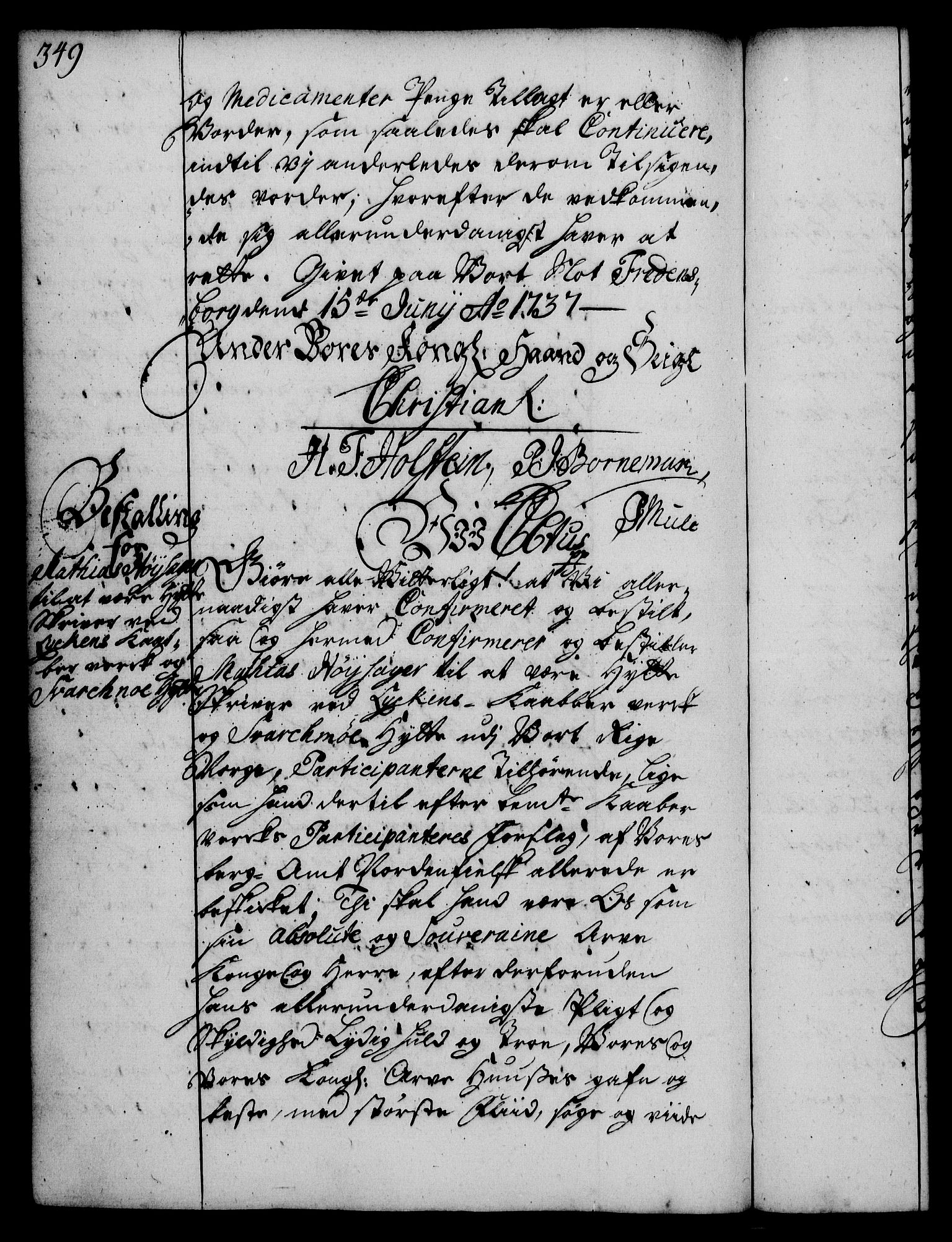 Rentekammeret, Kammerkanselliet, RA/EA-3111/G/Gg/Gge/L0002: Norsk bestallingsprotokoll med register (merket RK 53.26), 1730-1744, s. 349