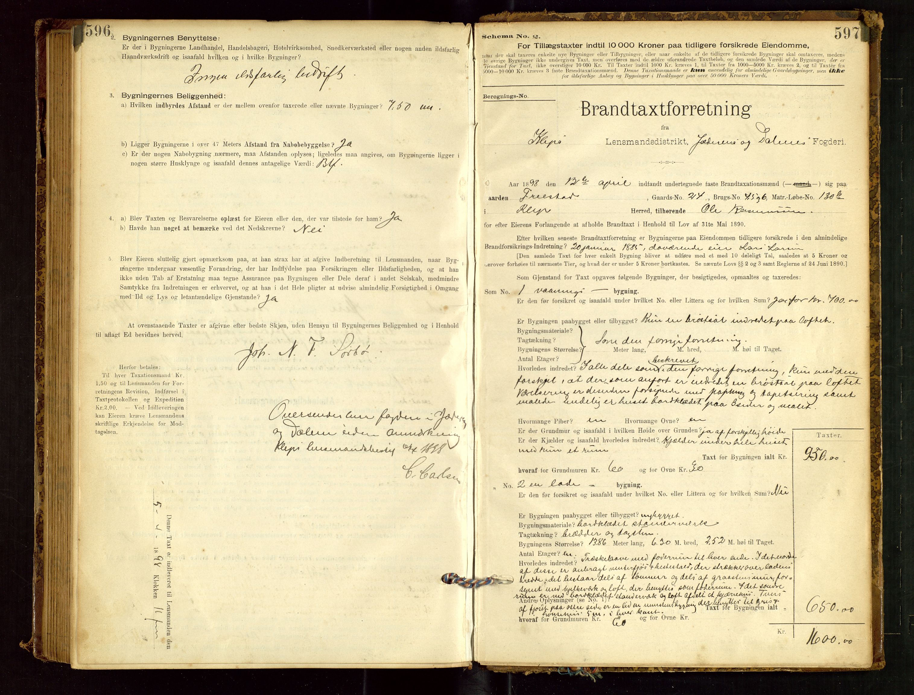 Klepp lensmannskontor, AV/SAST-A-100163/Goc/L0001: "Brandtaxationsprotokol" m/register, 1895-1898, s. 596-597