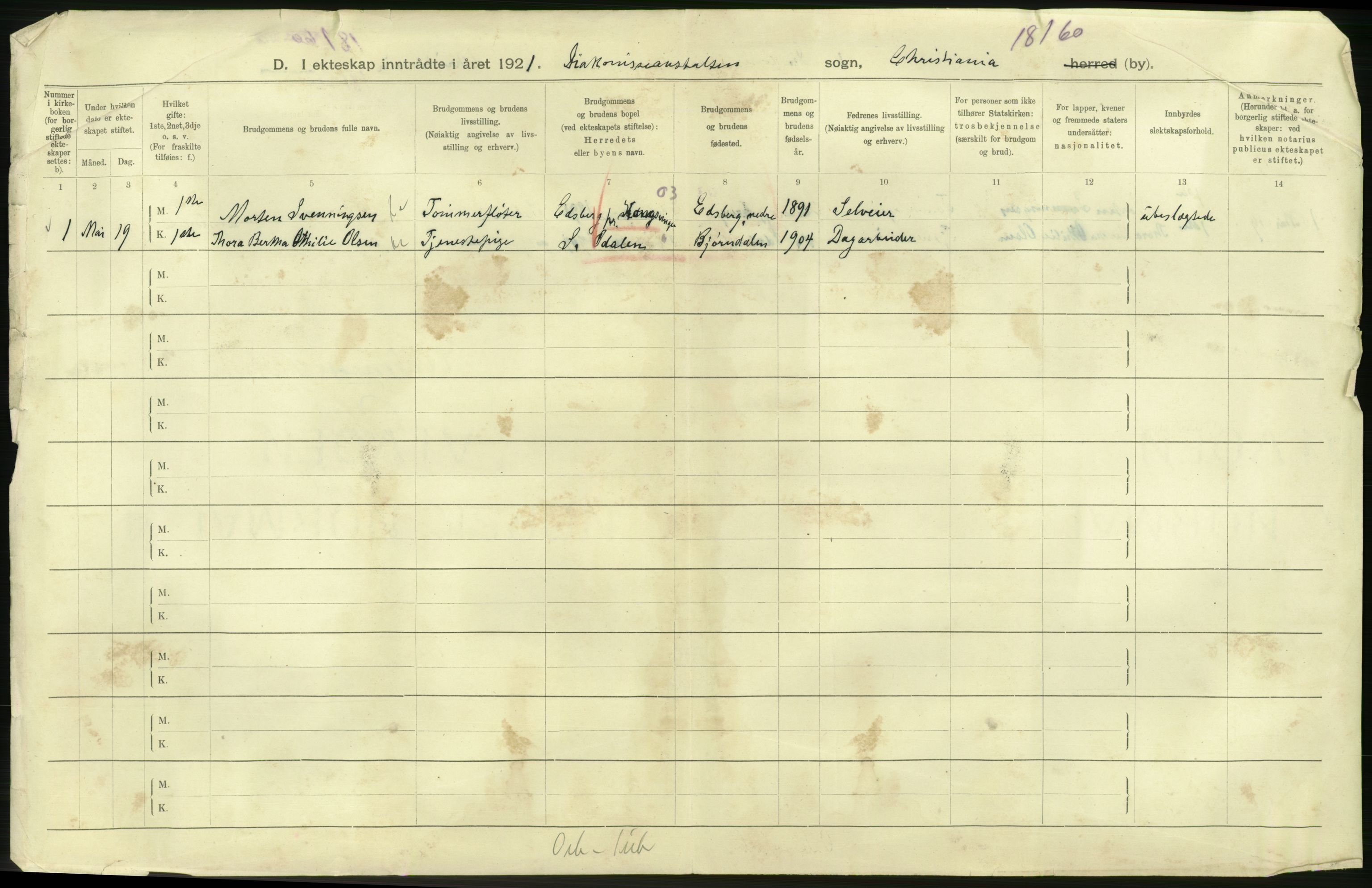 Statistisk sentralbyrå, Sosiodemografiske emner, Befolkning, AV/RA-S-2228/D/Df/Dfc/Dfca/L0011: Kristiania: Gifte, 1921, s. 906