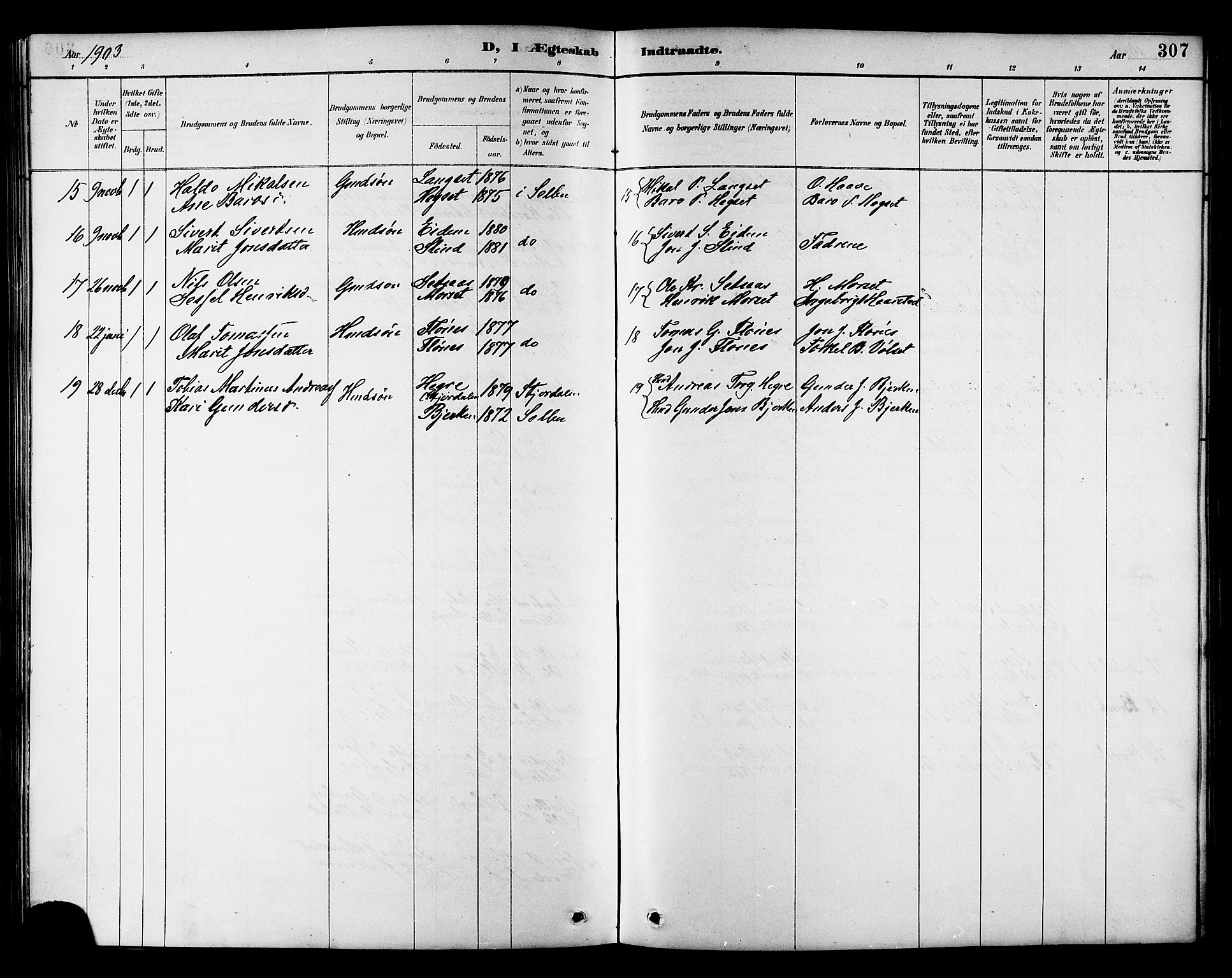 Ministerialprotokoller, klokkerbøker og fødselsregistre - Sør-Trøndelag, AV/SAT-A-1456/695/L1157: Klokkerbok nr. 695C08, 1889-1913, s. 307