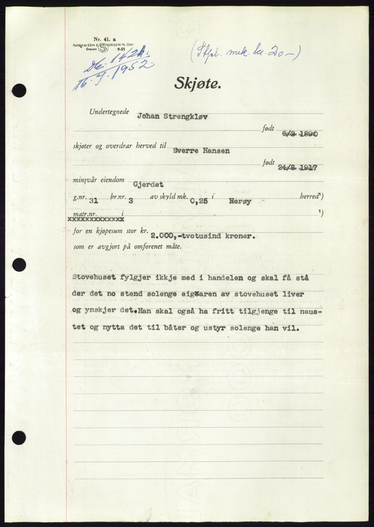 Søre Sunnmøre sorenskriveri, AV/SAT-A-4122/1/2/2C/L0092: Pantebok nr. 18A, 1952-1952, Dagboknr: 1421/1952