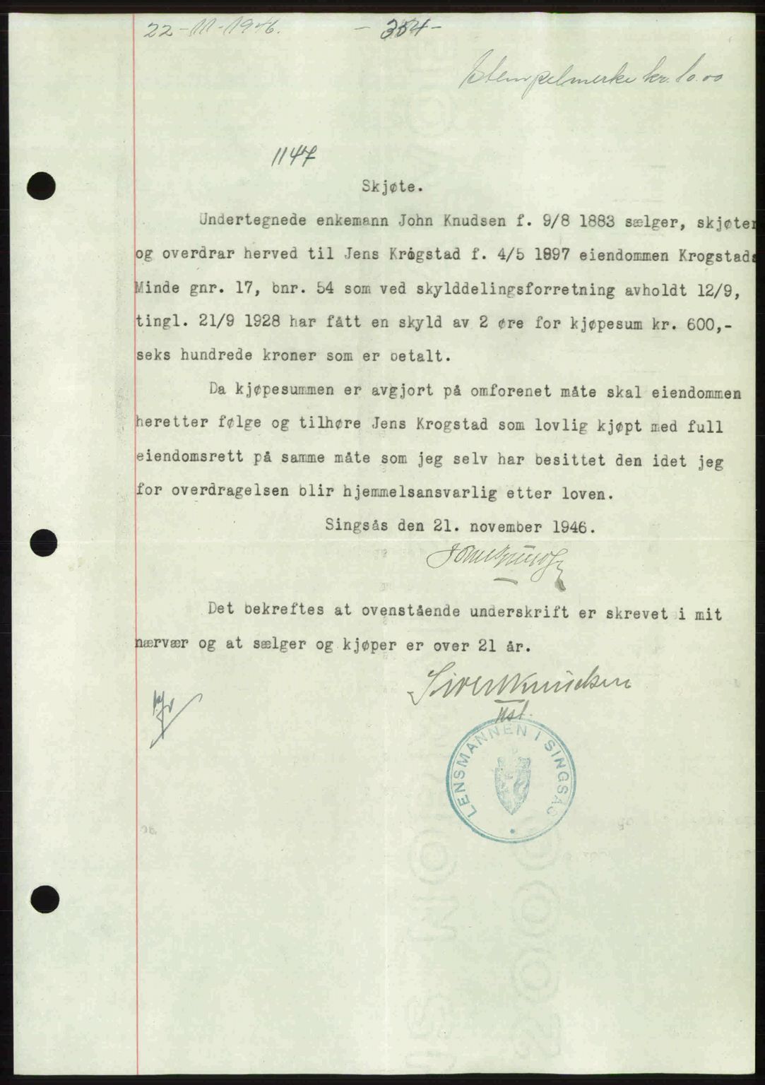 Gauldal sorenskriveri, SAT/A-0014/1/2/2C: Pantebok nr. A2, 1946-1946, Dagboknr: 1147/1946