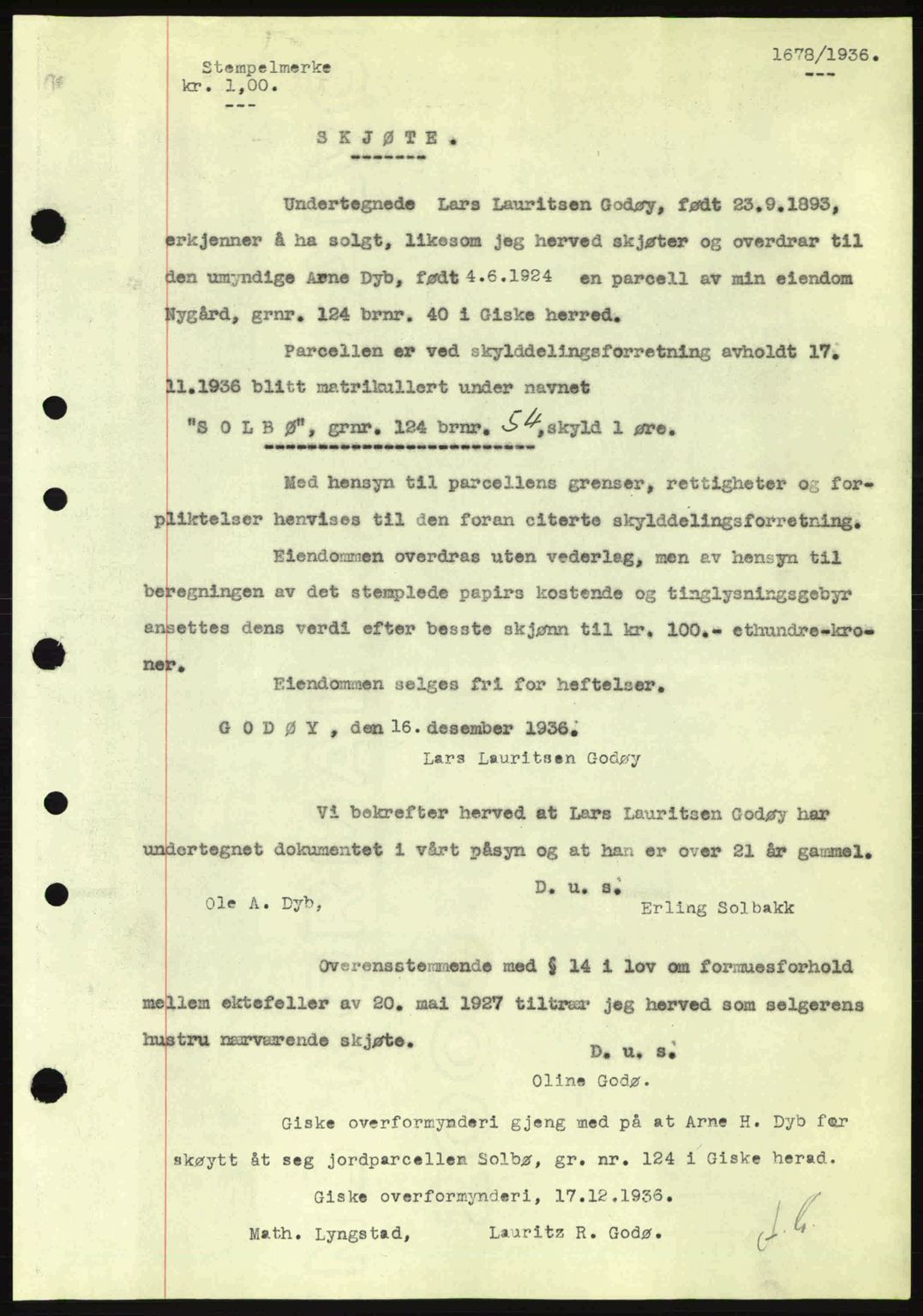 Nordre Sunnmøre sorenskriveri, SAT/A-0006/1/2/2C/2Ca: Pantebok nr. A2, 1936-1937, Dagboknr: 1678/1936
