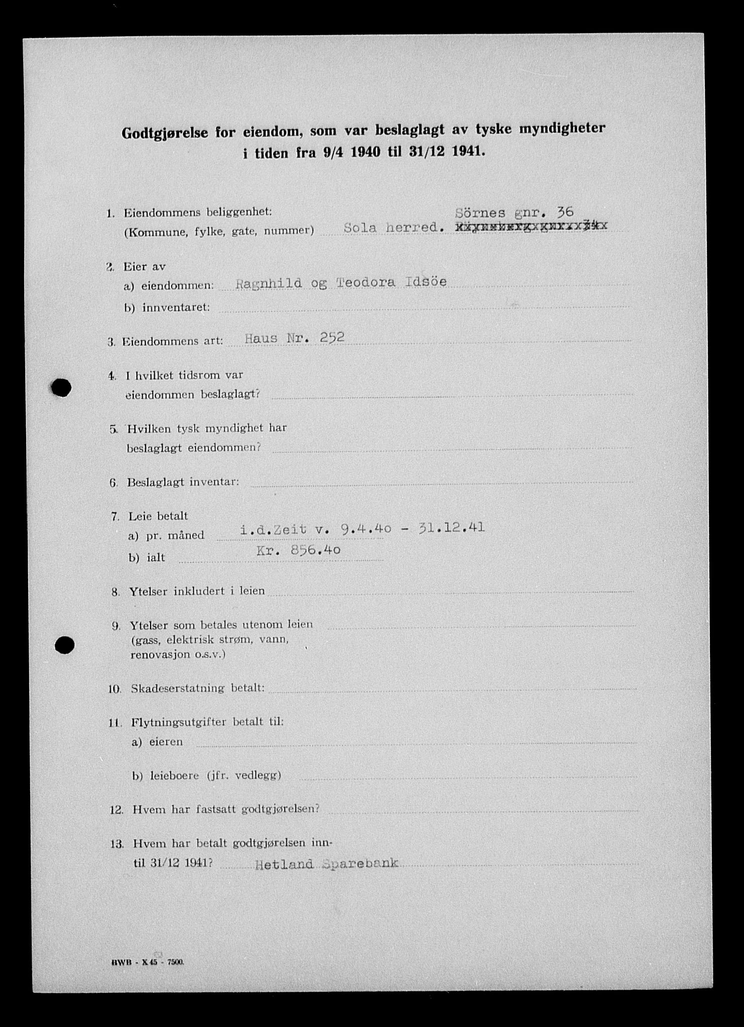 Justisdepartementet, Tilbakeføringskontoret for inndratte formuer, AV/RA-S-1564/I/L1014: Godtgjørelse for beslaglagt eiendom, 1940-1941, s. 361