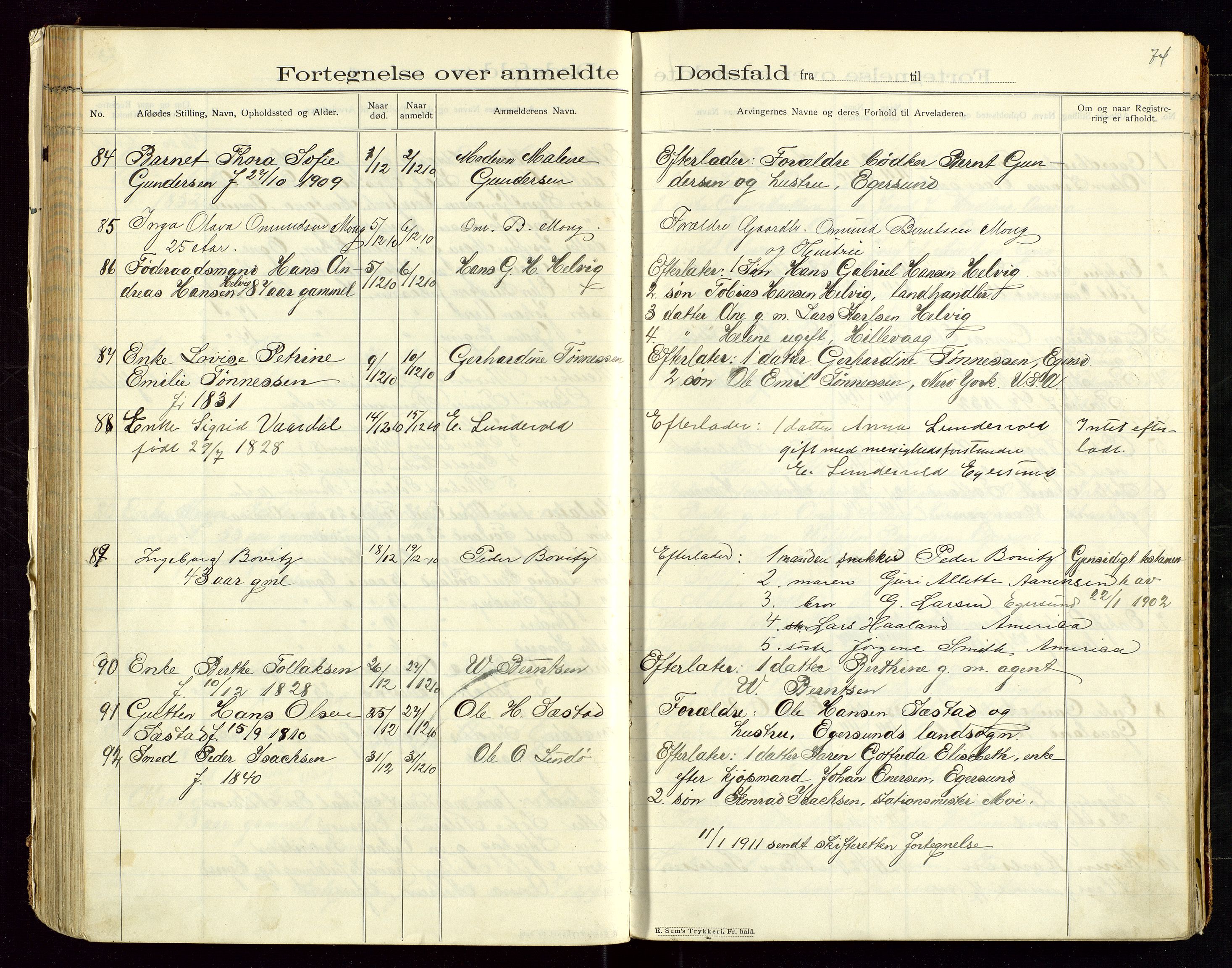 Eigersund lensmannskontor, AV/SAST-A-100171/Gga/L0005: "Dødsfalds-Protokol" m/alfabetisk navneregister, 1905-1913, s. 74