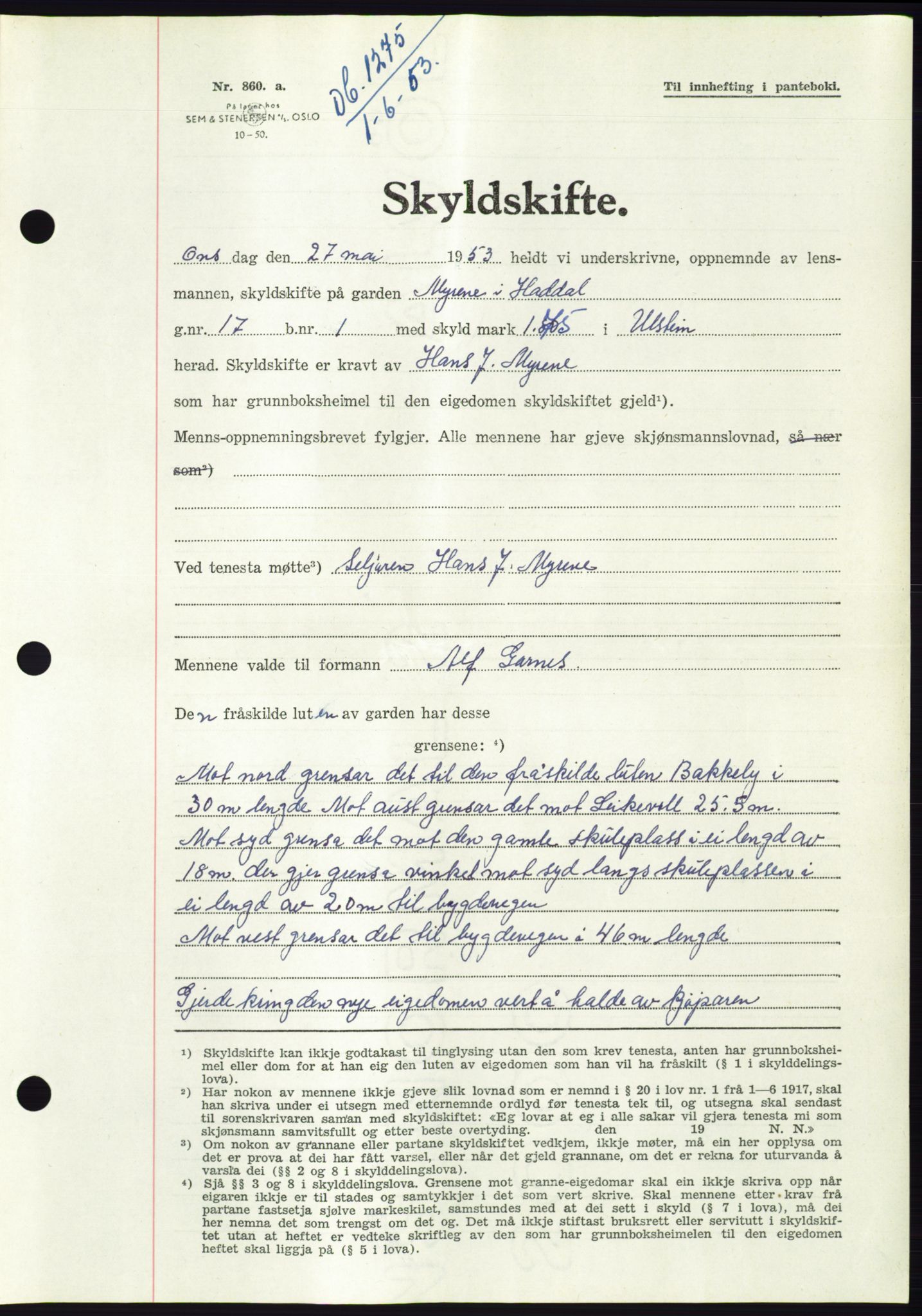 Søre Sunnmøre sorenskriveri, AV/SAT-A-4122/1/2/2C/L0095: Pantebok nr. 21A, 1953-1953, Dagboknr: 1275/1953