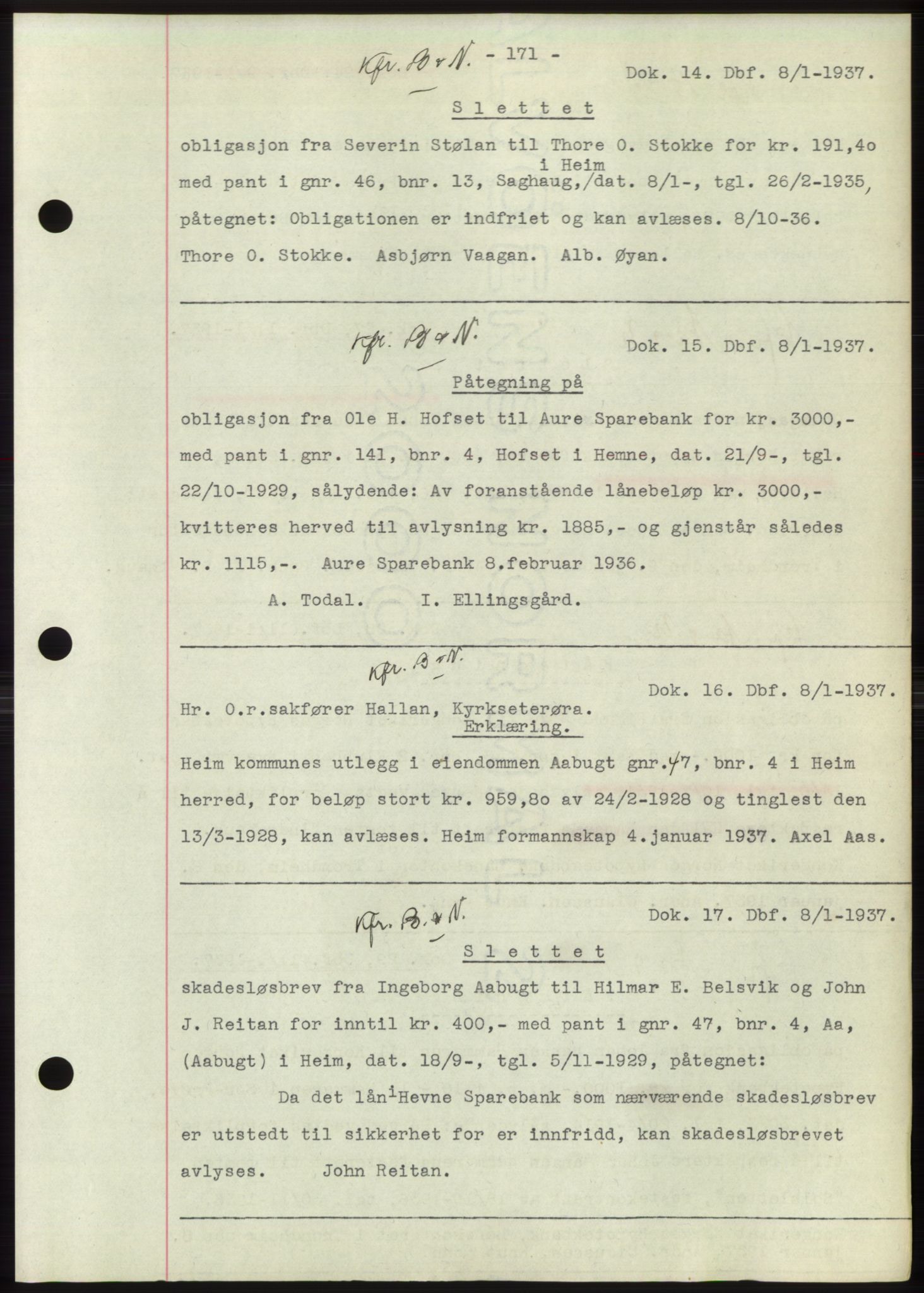 Hitra sorenskriveri, AV/SAT-A-0018/2/2C/2Ca: Pantebok nr. C1, 1936-1945, Dagboknr: 14/1937