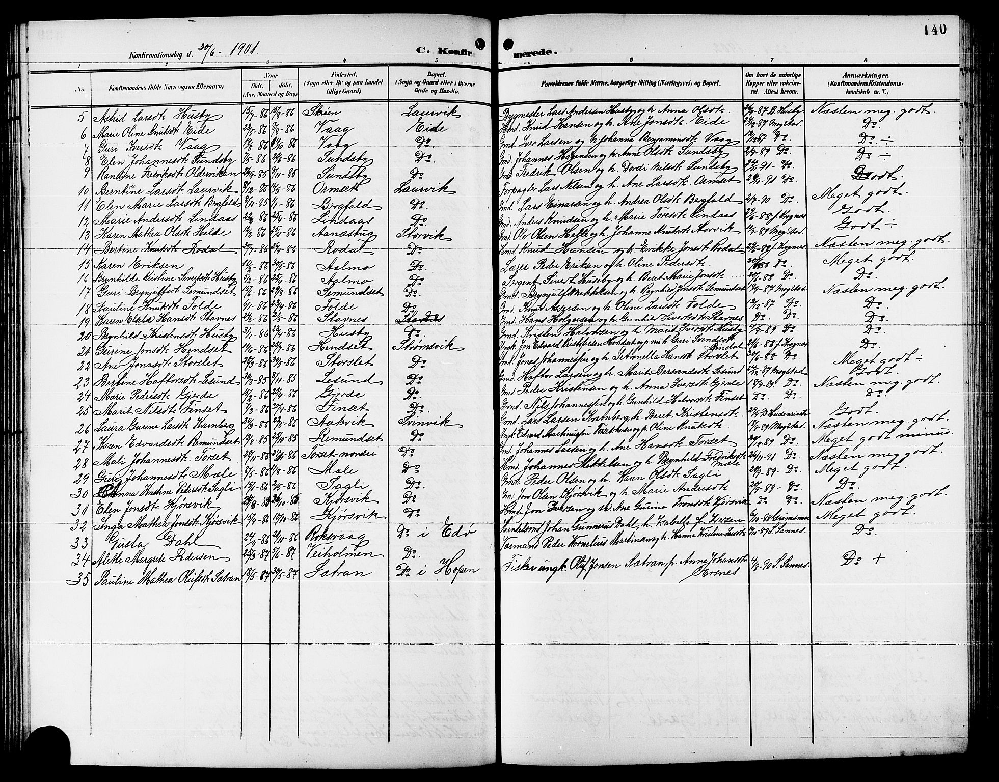 Ministerialprotokoller, klokkerbøker og fødselsregistre - Møre og Romsdal, AV/SAT-A-1454/578/L0910: Klokkerbok nr. 578C03, 1900-1921, s. 140