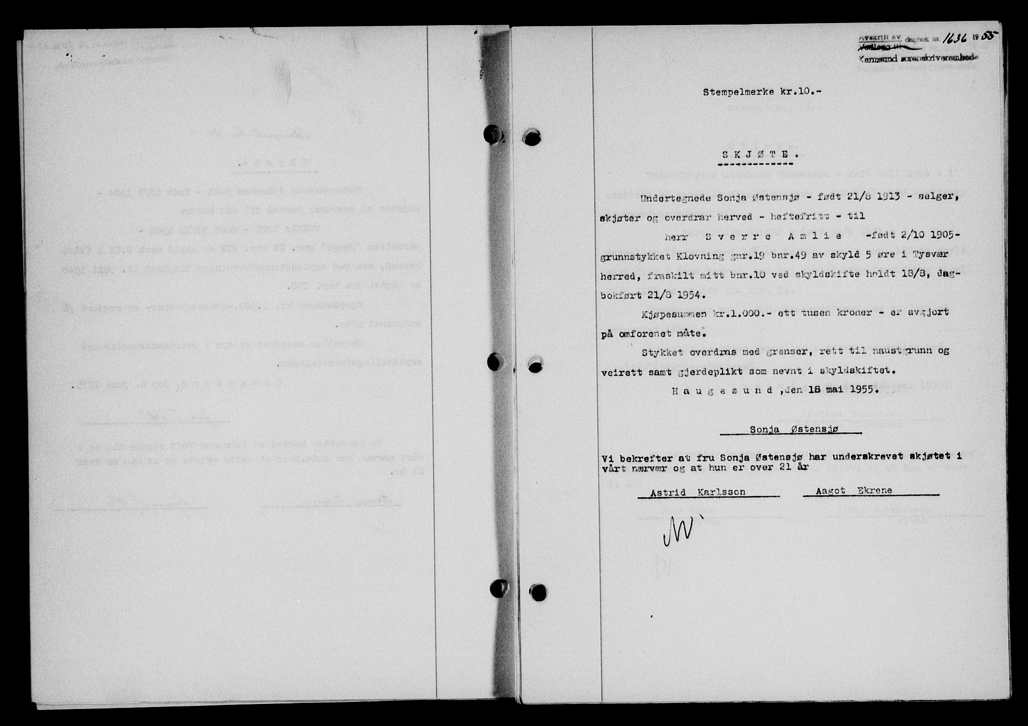 Karmsund sorenskriveri, SAST/A-100311/01/II/IIB/L0116: Pantebok nr. 96A, 1955-1955, Dagboknr: 1636/1955