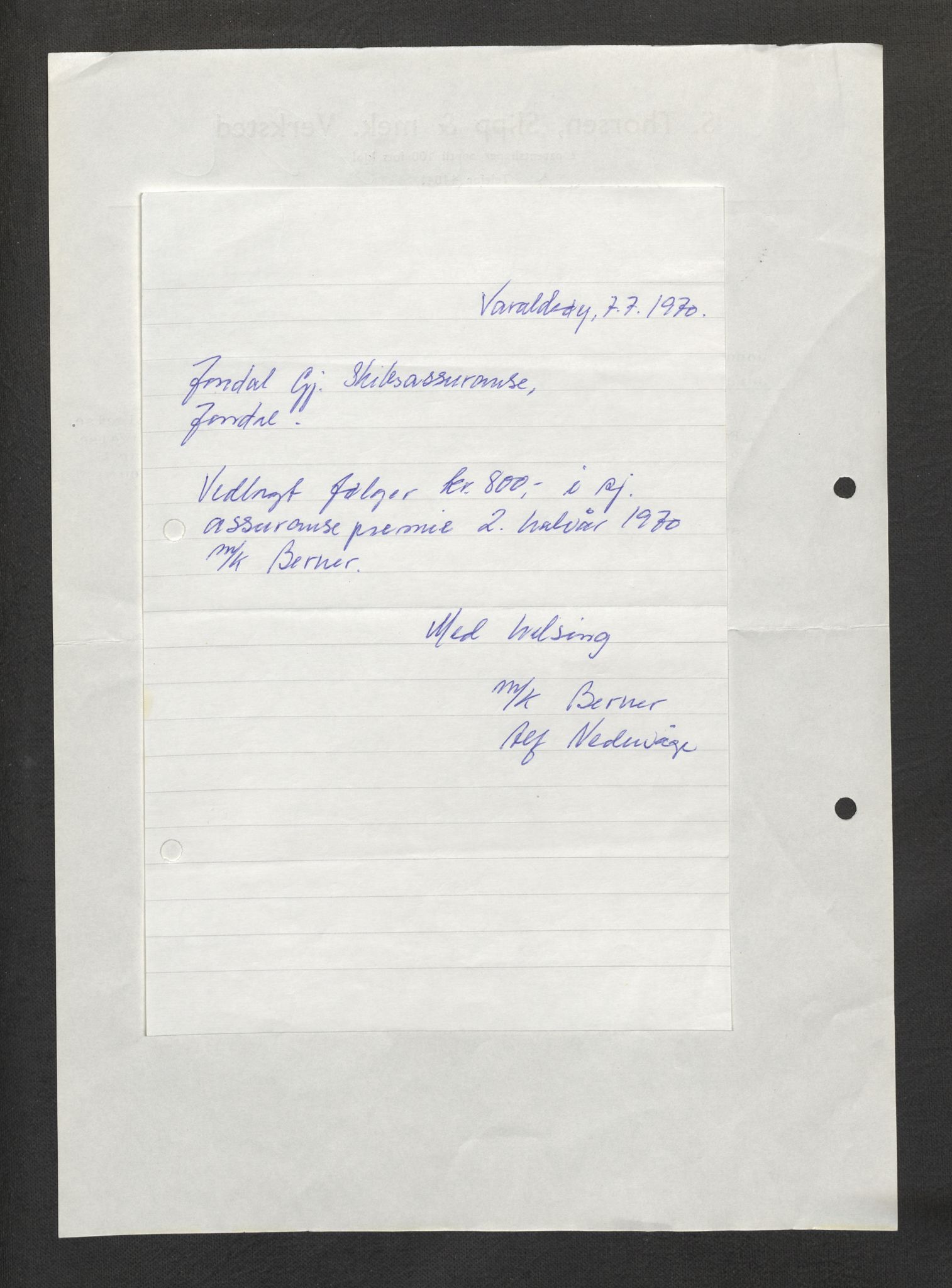Jondal Skipsassuranseforening, AV/SAB-SAB/PA-0276/E/L0132: Korrespondanse , 1970-1977