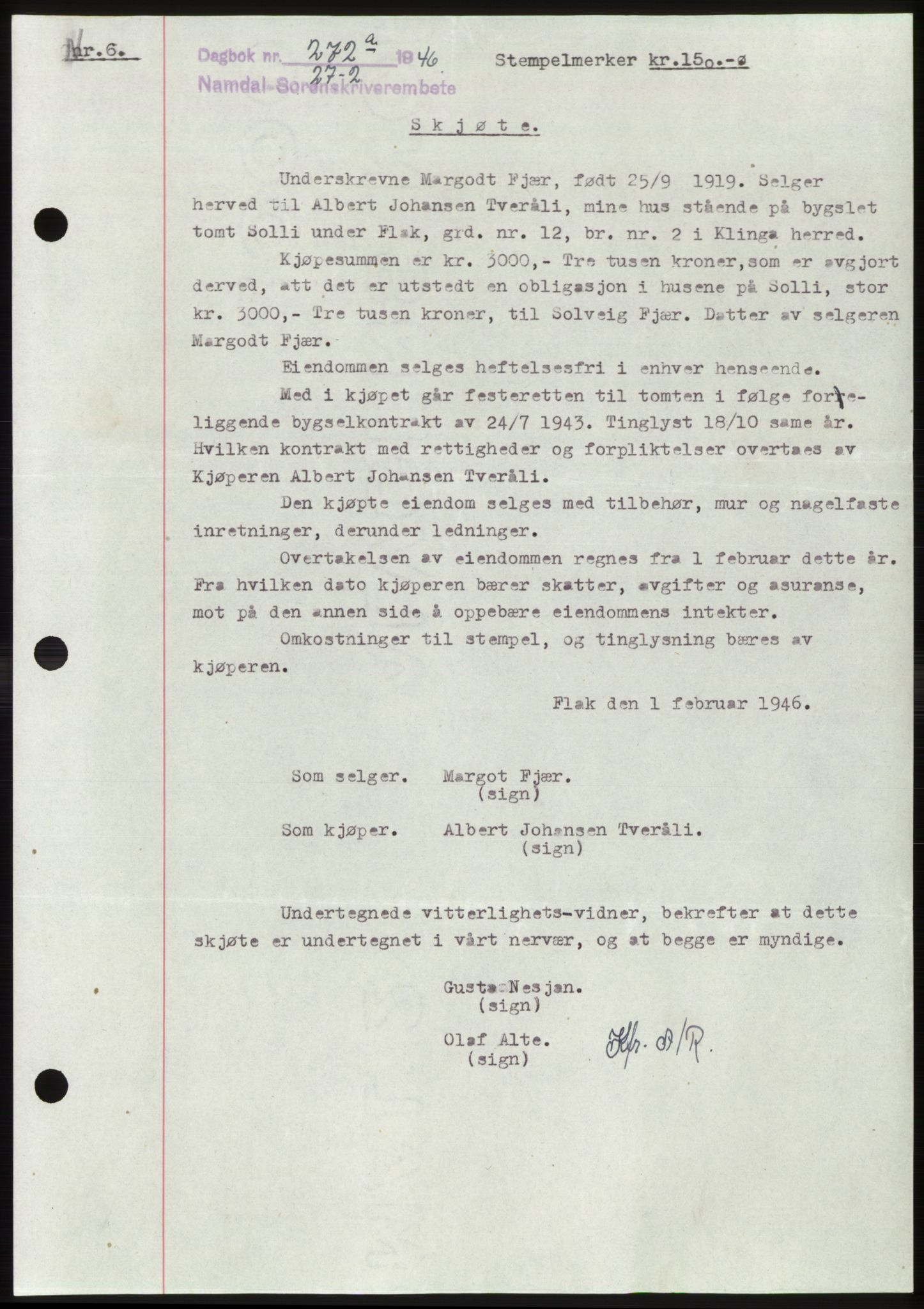 Namdal sorenskriveri, SAT/A-4133/1/2/2C: Pantebok nr. -, 1946-1946, Dagboknr: 272/1946