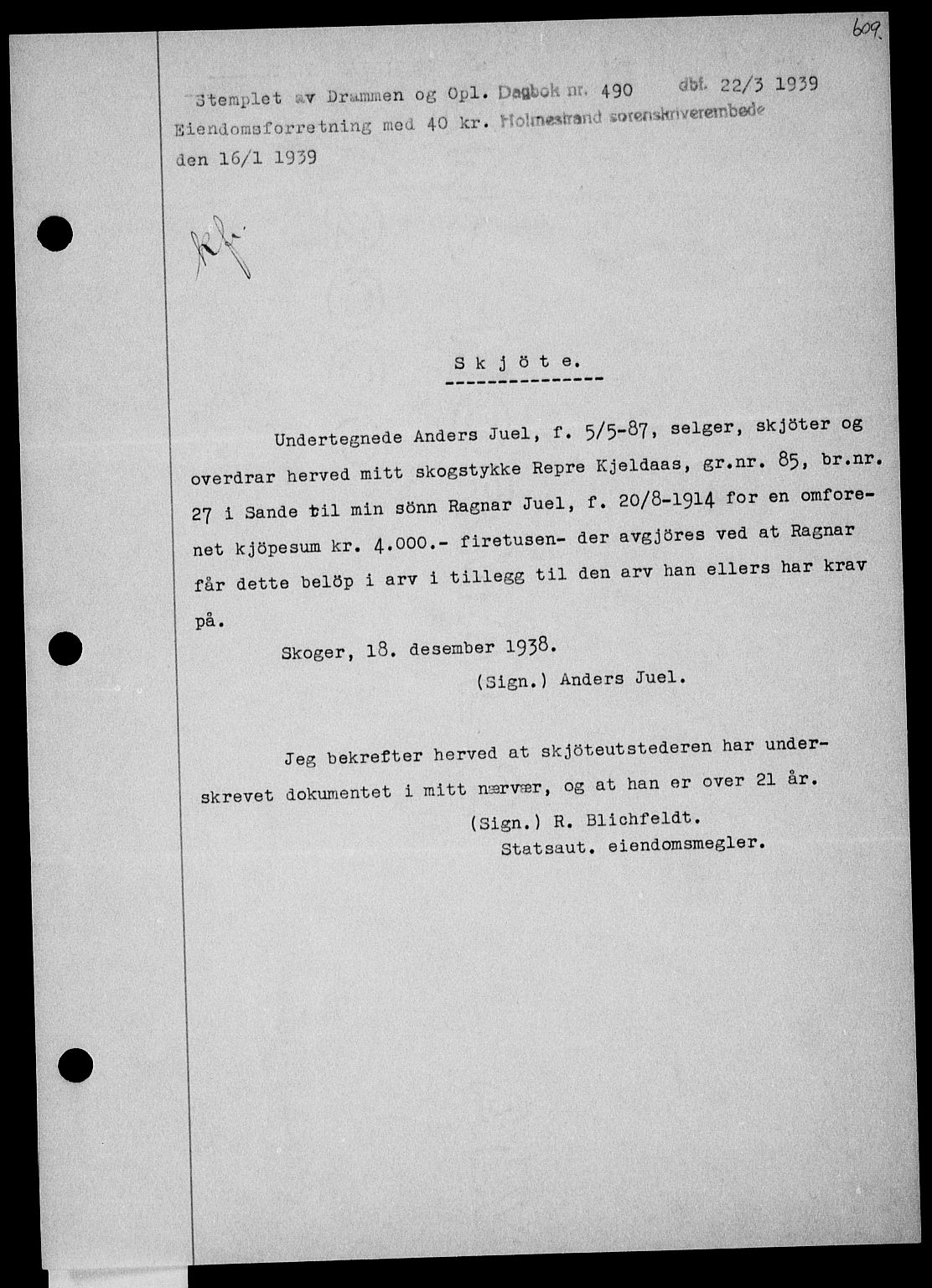 Holmestrand sorenskriveri, SAKO/A-67/G/Ga/Gaa/L0050: Pantebok nr. A-50, 1938-1939, Dagboknr: 490/1939