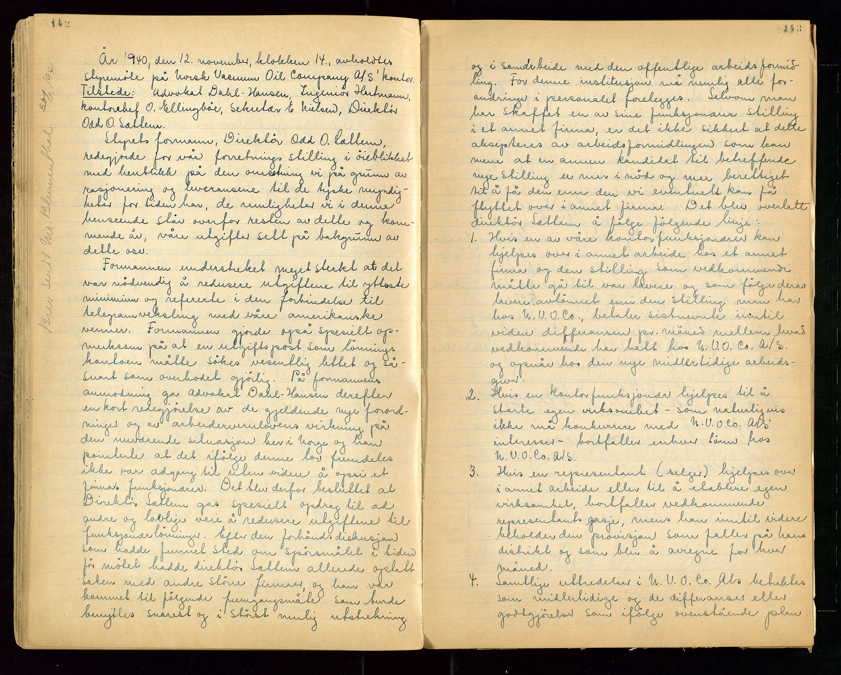 PA 1513 - Norsk Vacuum Oil Company A/S, SAST/A-101918/A/L0001: "Generalforsamlings og styreprotokoll" fra 27/4-1918 til 6/4-1949, 1918-1949, s. 142-143