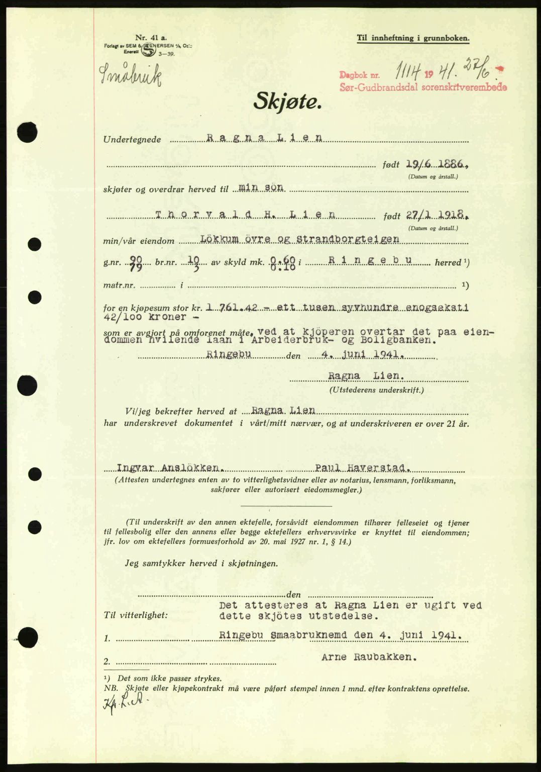 Sør-Gudbrandsdal tingrett, SAH/TING-004/H/Hb/Hbd/L0009: Pantebok nr. A9, 1941-1941, Dagboknr: 1114/1941