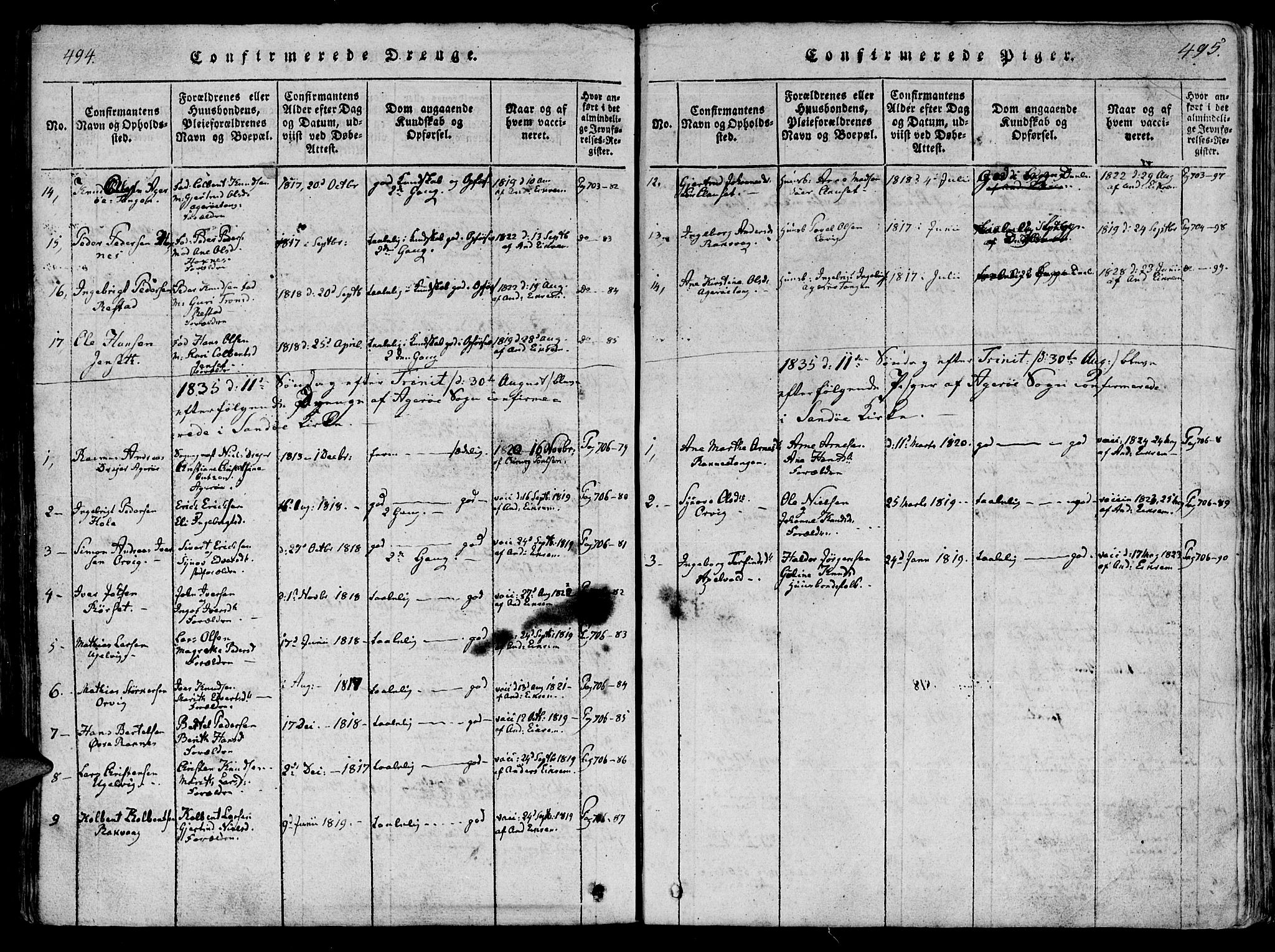 Ministerialprotokoller, klokkerbøker og fødselsregistre - Møre og Romsdal, AV/SAT-A-1454/560/L0718: Ministerialbok nr. 560A02, 1817-1844, s. 494-495