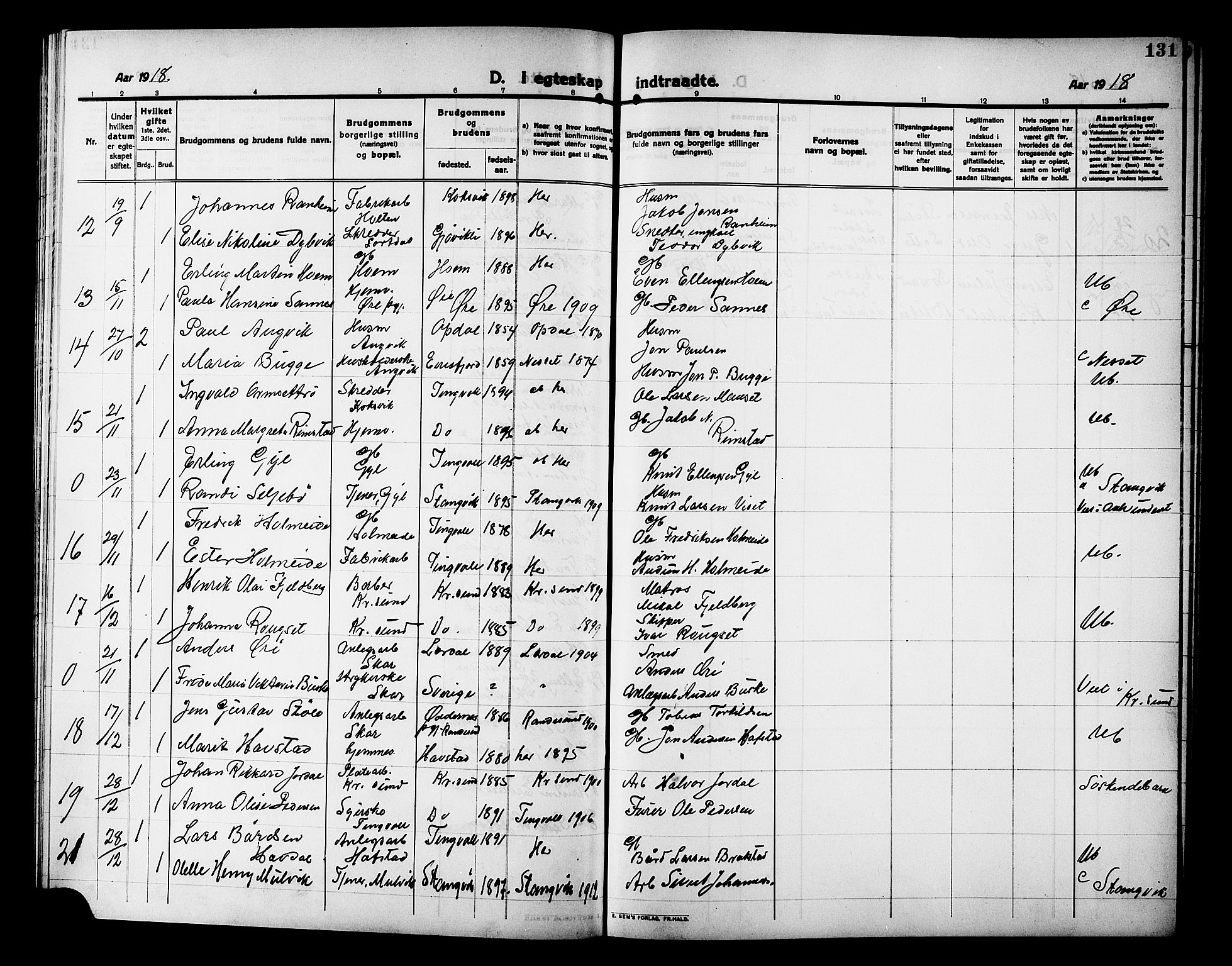 Ministerialprotokoller, klokkerbøker og fødselsregistre - Møre og Romsdal, AV/SAT-A-1454/586/L0993: Klokkerbok nr. 586C04, 1910-1918, s. 131