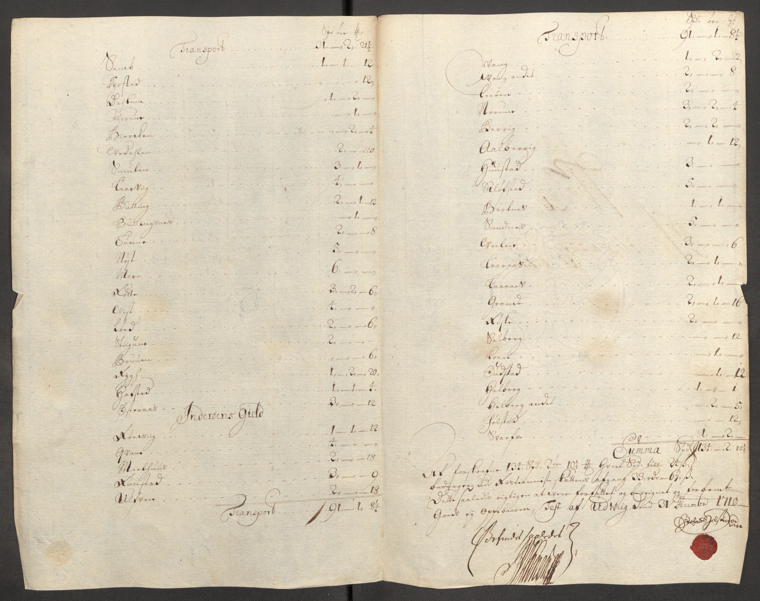 Rentekammeret inntil 1814, Reviderte regnskaper, Fogderegnskap, RA/EA-4092/R63/L4318: Fogderegnskap Inderøy, 1710, s. 216