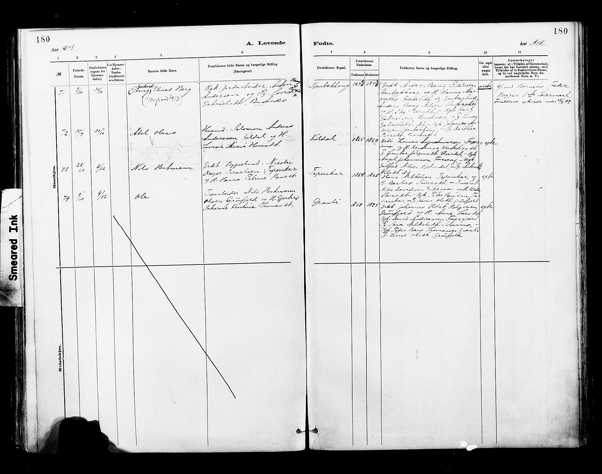 Ministerialprotokoller, klokkerbøker og fødselsregistre - Nordland, AV/SAT-A-1459/827/L0400: Ministerialbok nr. 827A12, 1883-1903, s. 180