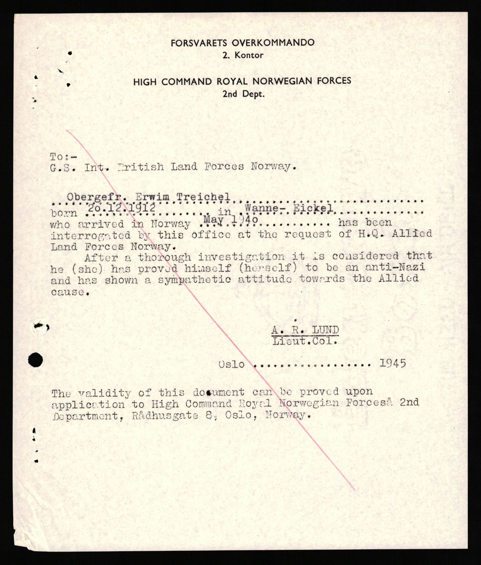 Forsvaret, Forsvarets overkommando II, AV/RA-RAFA-3915/D/Db/L0034: CI Questionaires. Tyske okkupasjonsstyrker i Norge. Tyskere., 1945-1946, s. 54